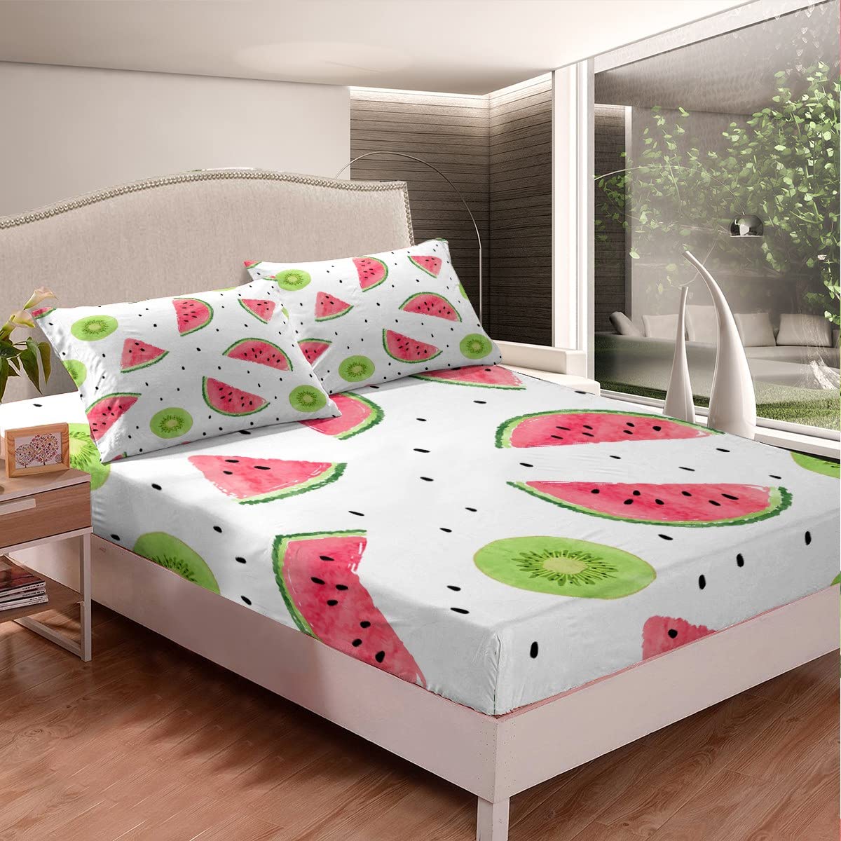 Cute Fruits Fitted Sheet Single Size, Kiwi Watermelon Bed Cover with 1 Pillowcase - Image 2