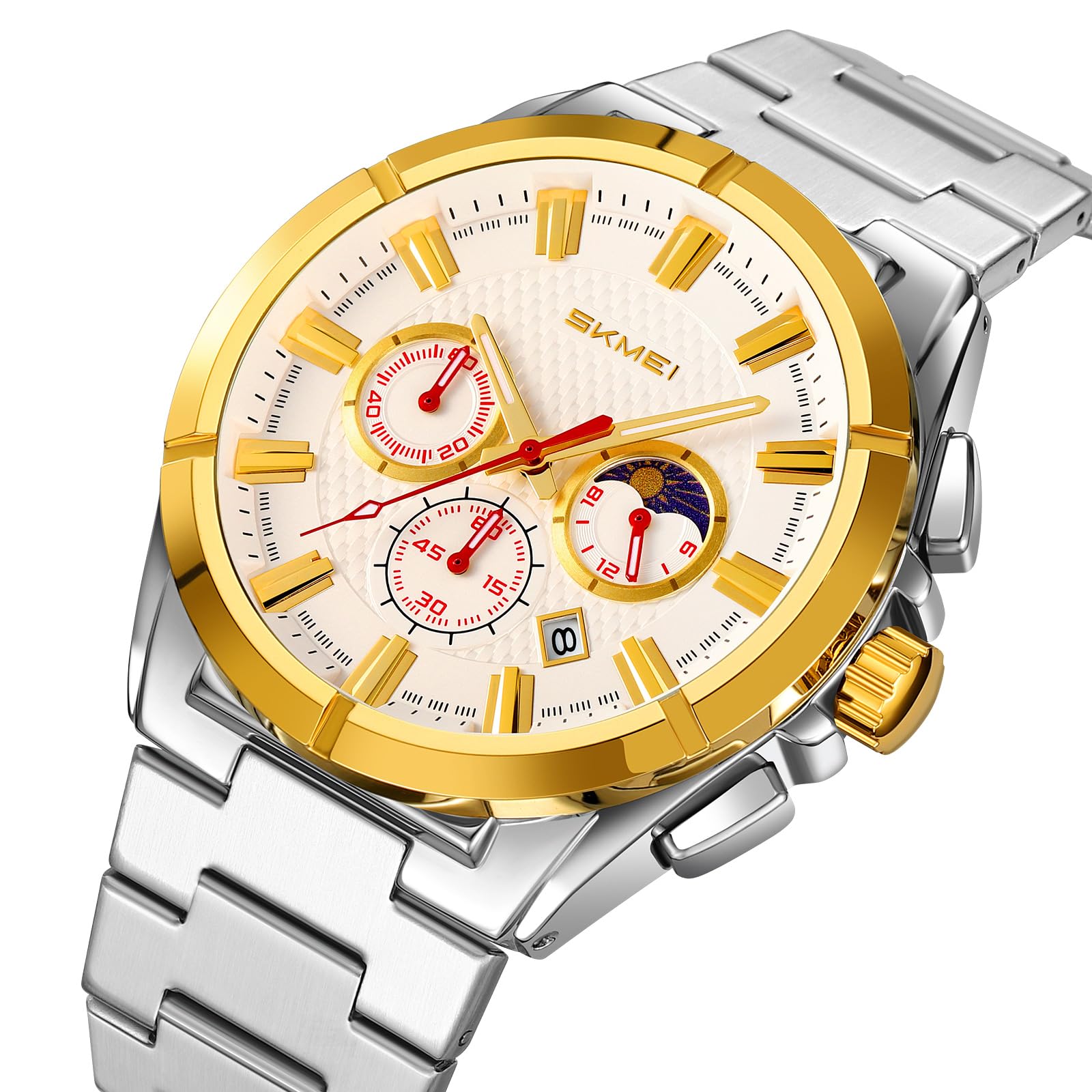 MASTOP Reloj de lujo para hombre con fase lunar clásico, multifuncional, cronógrafo, cronómetro, visualización de fecha, vestido de negocios, impermeable, luminoso, reloj de pulsera de acero