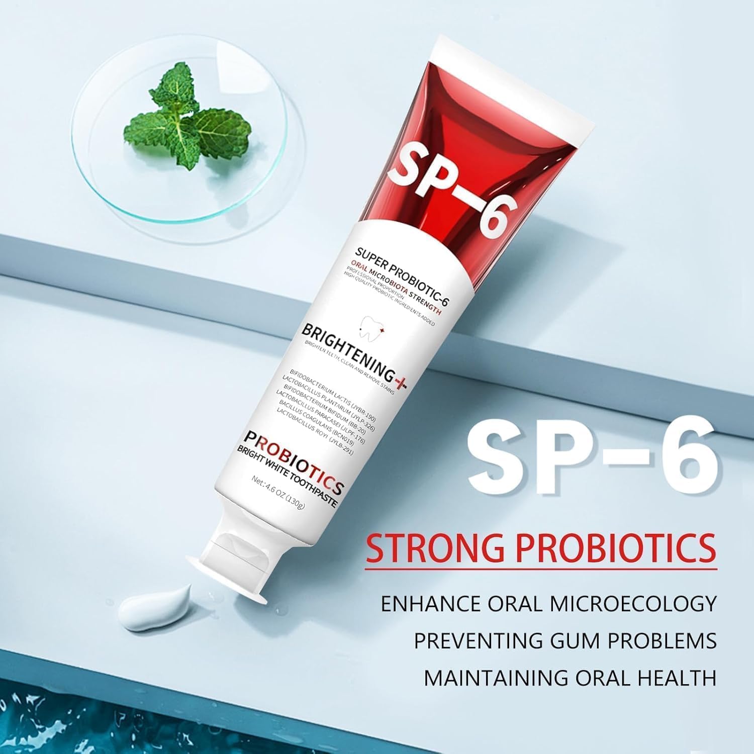 SP-6 Probiotic Whitening Toothpaste, Enhanced Formula with 6 Probiotics for Teeth Whitening and Gum Health, Enamel-Safe, Fluoride-Free, Fresh Mint Flavor, 4.6oz (4)