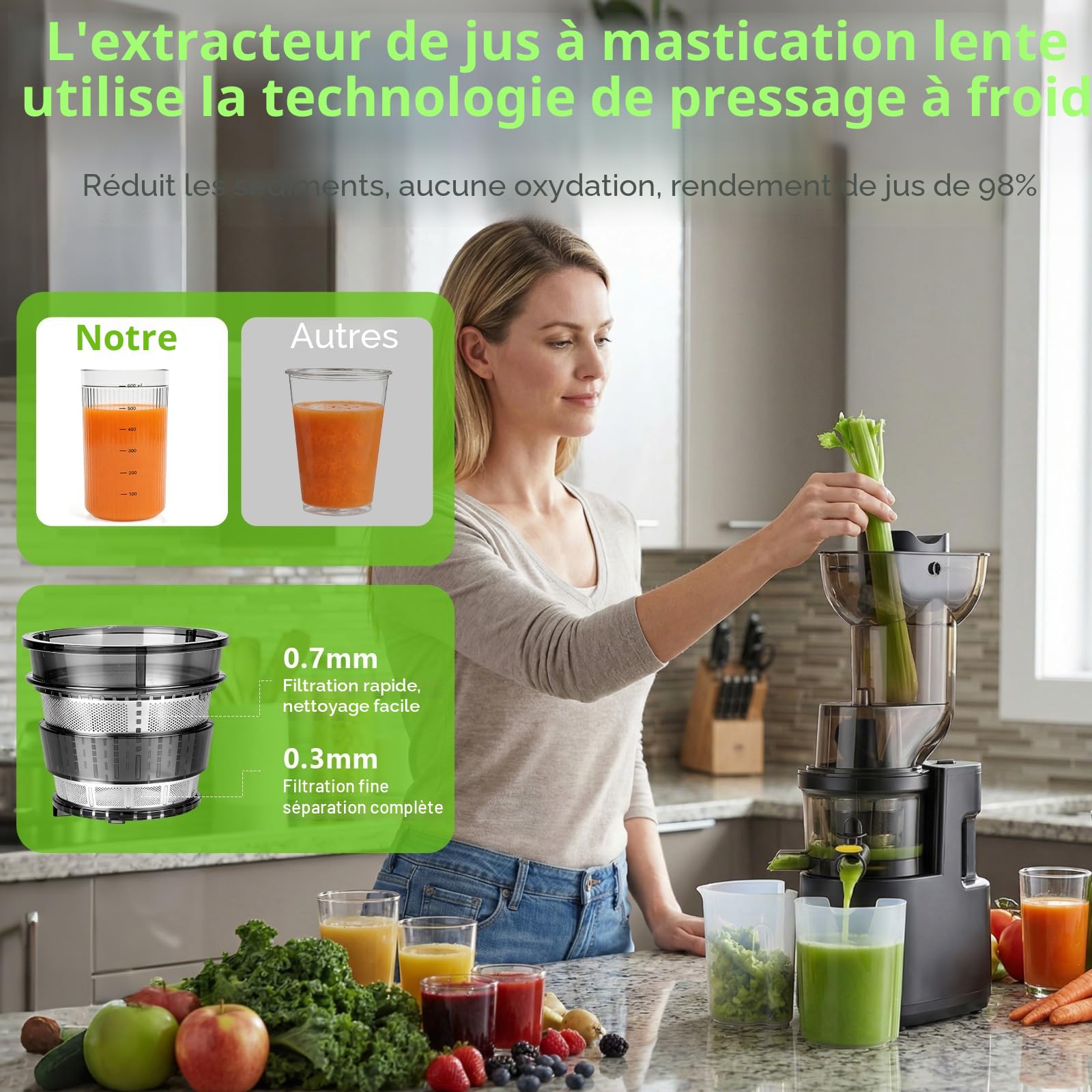 Extracteur de jus 500W, Fruits et Légumes, Fonction Inverse, Grande Ouverture 98mm, Slow Juicer, Taux d'extraction 98%, 2 Récipients, Sans BPA