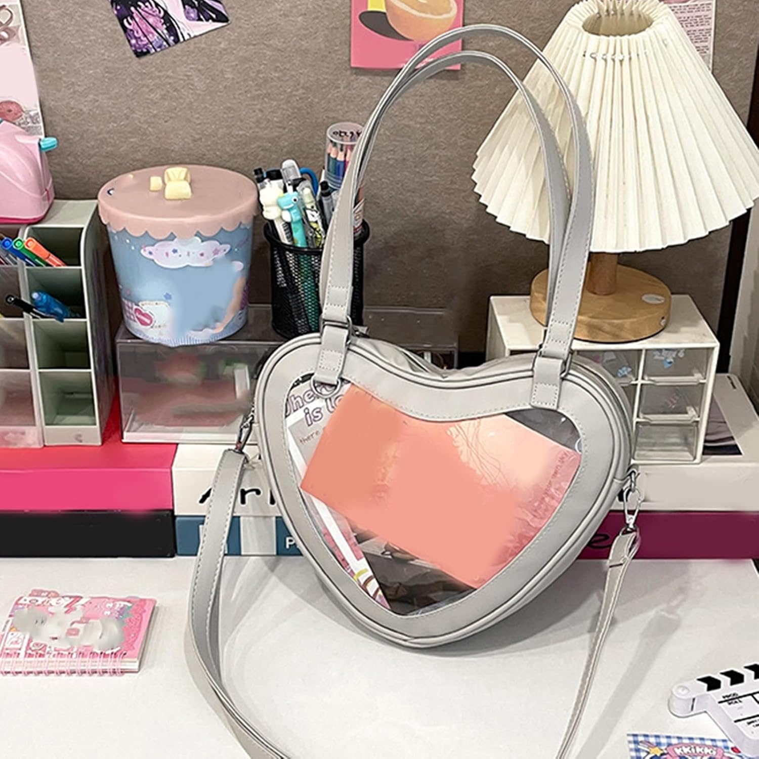 日本の女子高生 ハート型 Itabag 大容量 クリア ウィンドウ ショルダーバッグ アニメ ピン ディスプレイ クロスボディ ハン