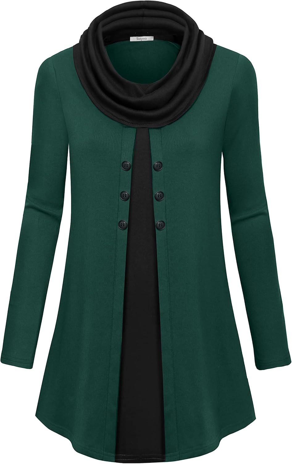 Bebonnie Womens Long Sleeve Cowl Neck Warm Splicing Tunic Tops with Buttons - Image 2