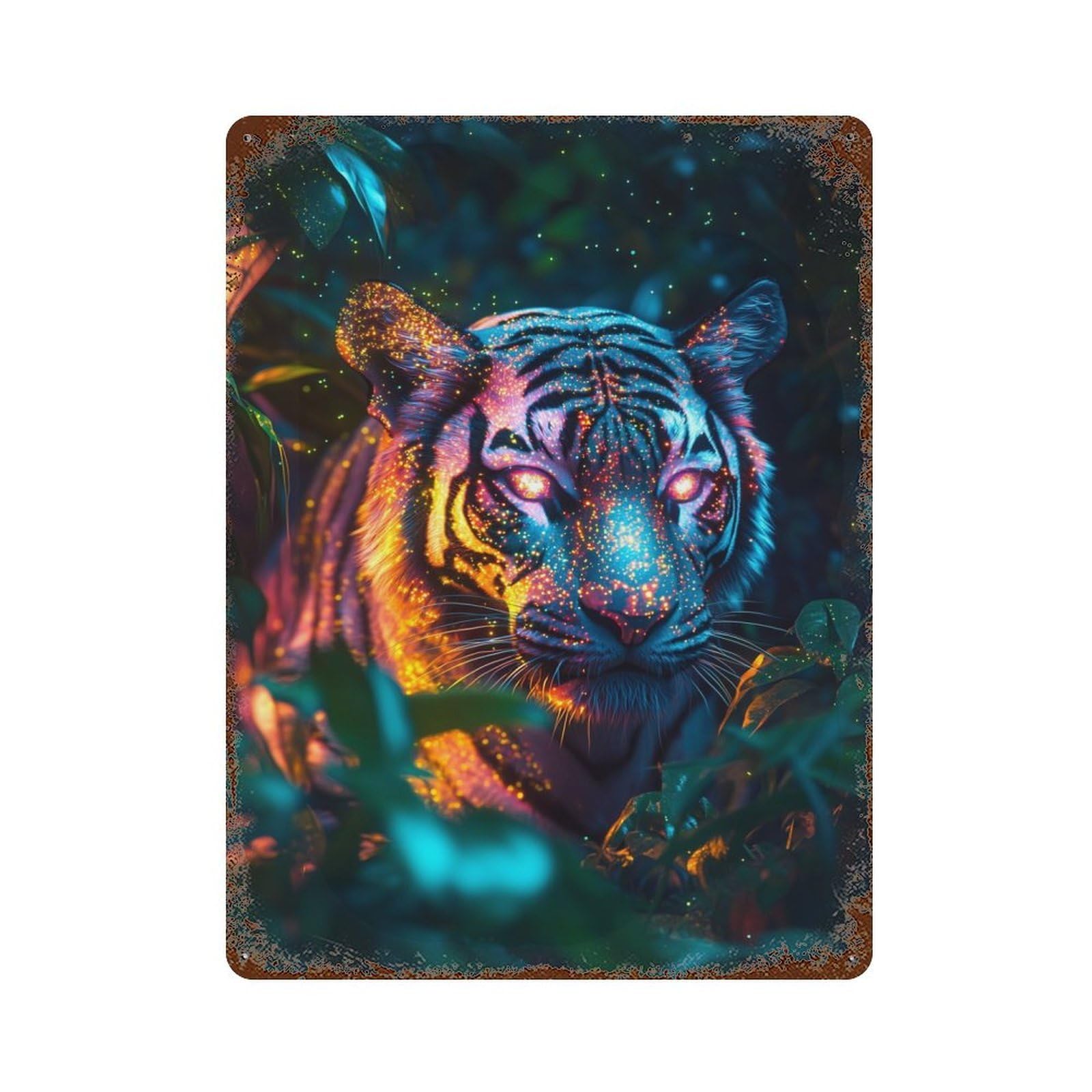 Distressed Metal Wall Sign Tiger in Neon Jungle 15.7"x11.8", Vintage Wall Decor for Cafe, Home Bar And Lounge Decor