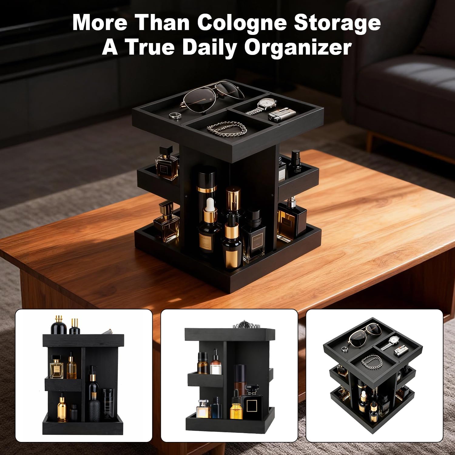 Gallkeat Cologne Organizer for Men, 3-Tier Wood Perfume Stand, Black