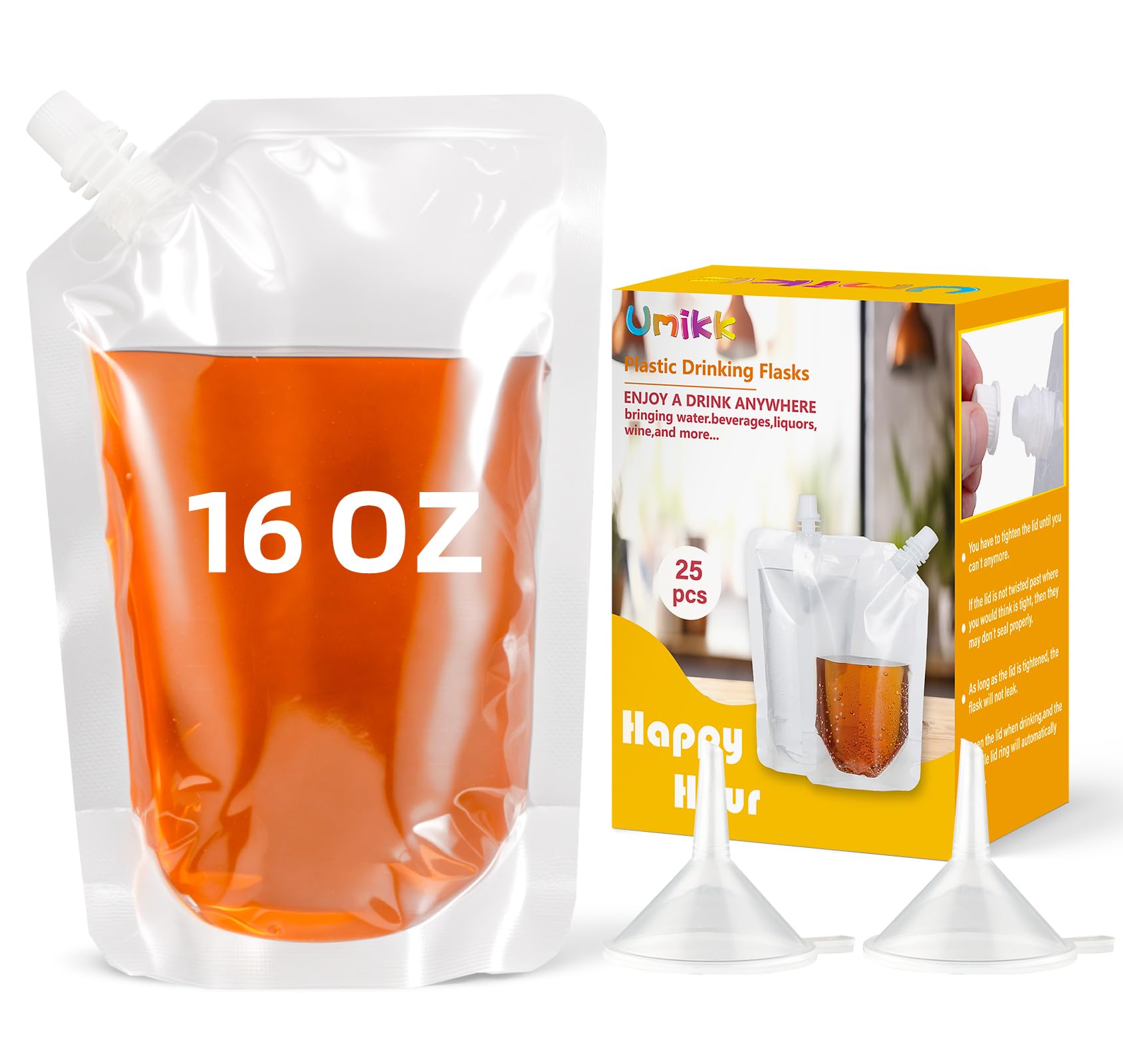 UmikkPlastic Flasks - 25 Pcs Reusable Drink Bags, Leak-Proof, BPA-Free for Travel, Outdoor Sports, Concerts, Events, Concealable (16oz -2 Funnels-Inclined Mouth)