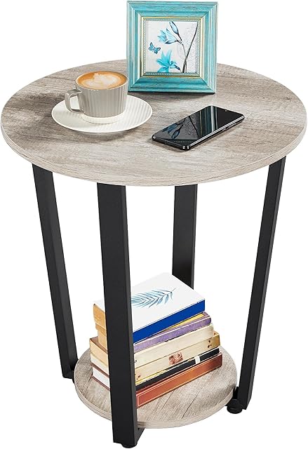 Yaheetech Round Side Table, Industrial Nightstand Sofa End Table with 2 Storage Shelves, Stable Bedside Table with Metal Frame for Living Room Home Office Bedroom, Easy Assembly, Gray