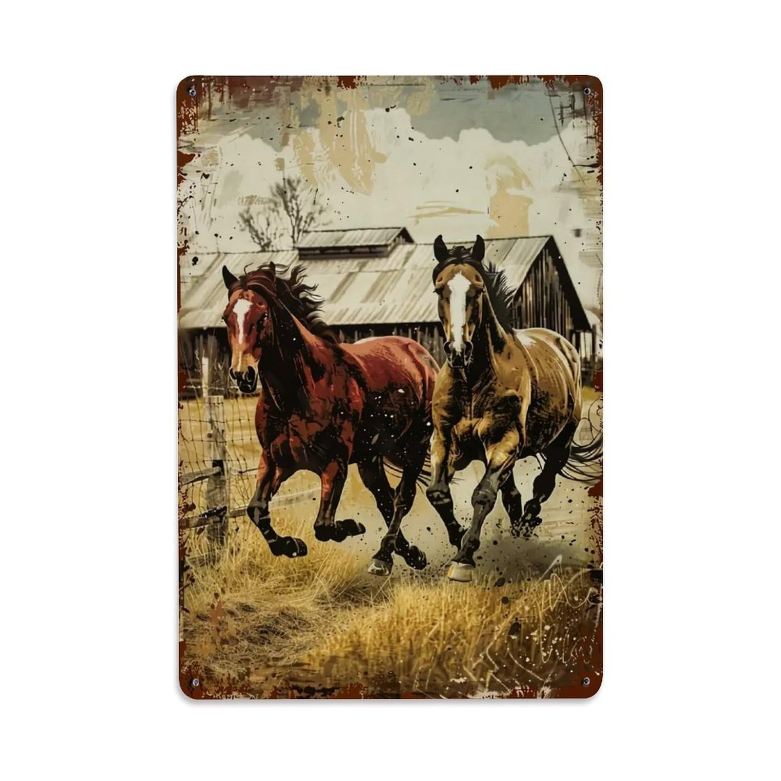 Jdfenggu Vintage Horses Running Barn Background Art Retro Metal Tin Sign, Decor Art Poster For Bar, Home, Man Cave, Kitchen, Laundry Room Gift 8X12inch