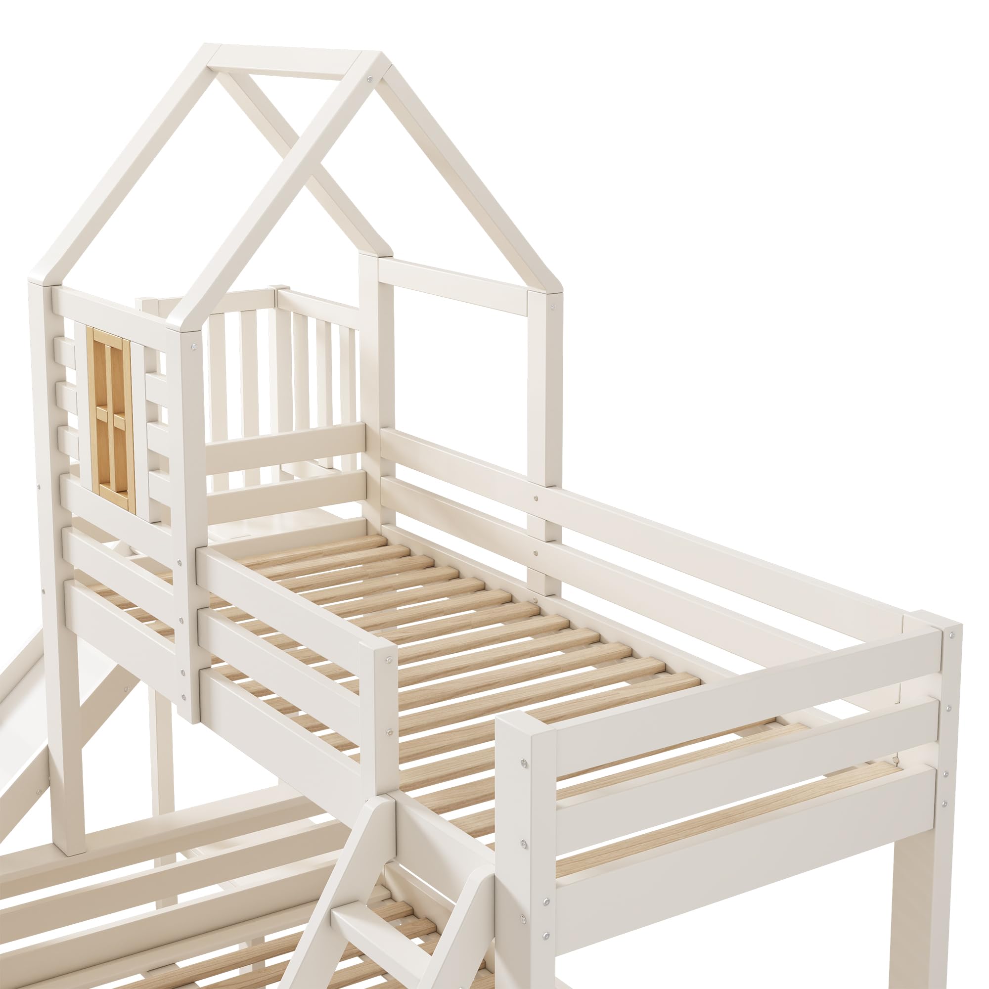 Letto a Castello 90x200 e 140x200cm con Rete a doghe, Letto Matrimoniale con Cassetto, Scivolo e Scaletta, letto a Soppalco per Bambini, a Forma di Casa, Struttura in Legno Massiccio(senza materasso)