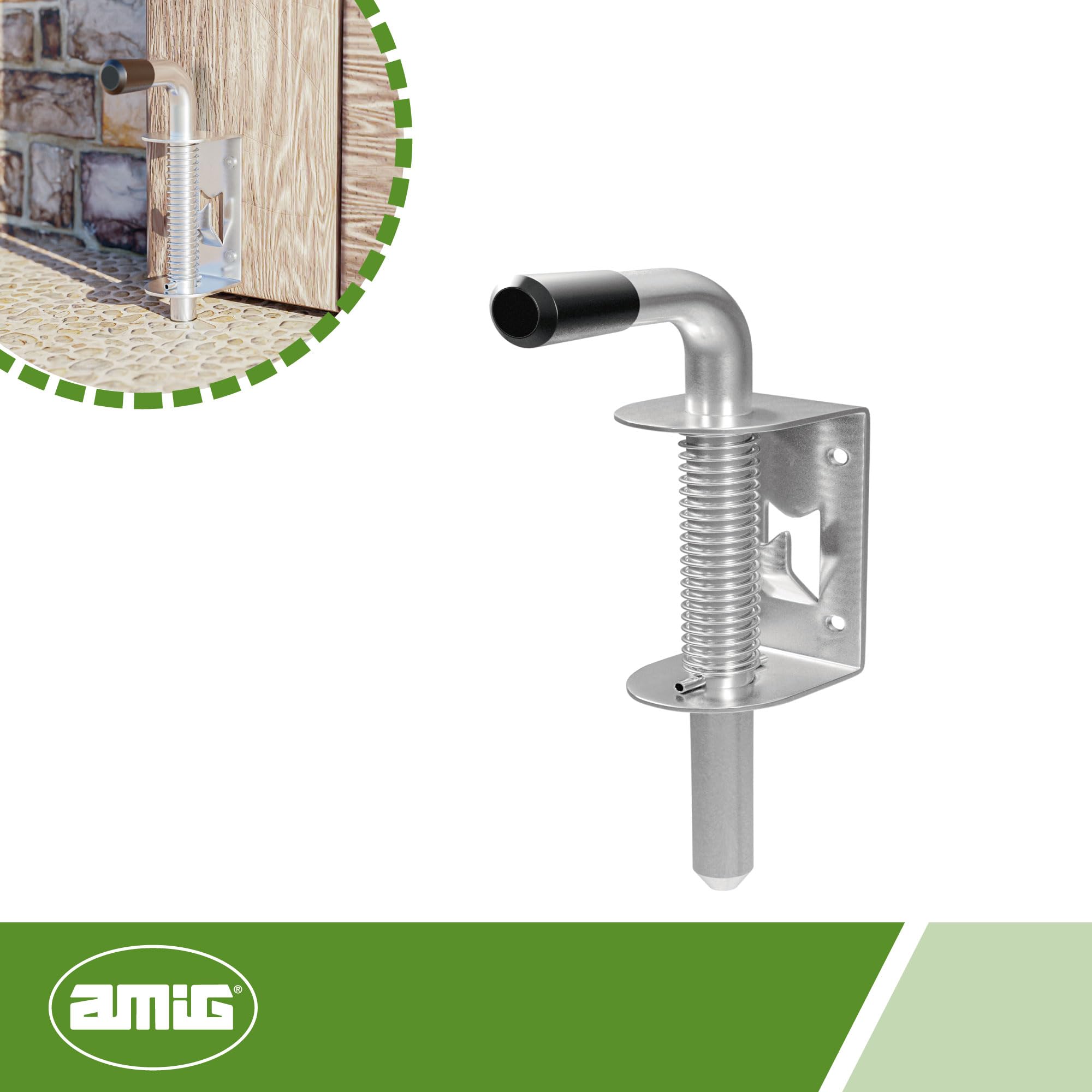 Amig - Pasador de Sobreponer con Muelle para Puertas - Pestillo de Seguridad para tu hogar - Cierre resistente para portones - Negro - Acero Inoxidable - Medidas: 60 x 30 mm - Incluye Tirafondos
