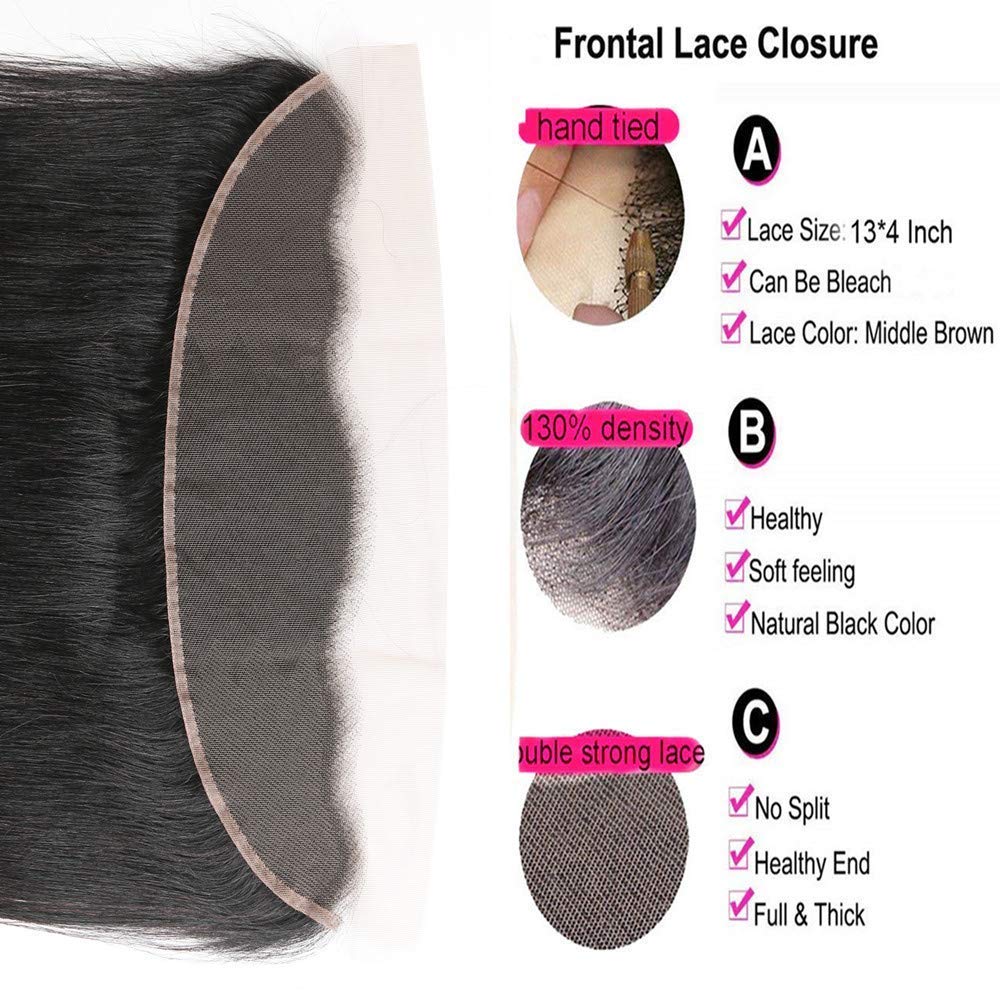 Rebasar 13x4 Lace Frontal Closure Human Hair 14 Inch Brazilian Straight Frontal HD Lace Closure 100% Virgin Human Hair Ear to Ear Lace Frontal Pre Plucked Natural Black