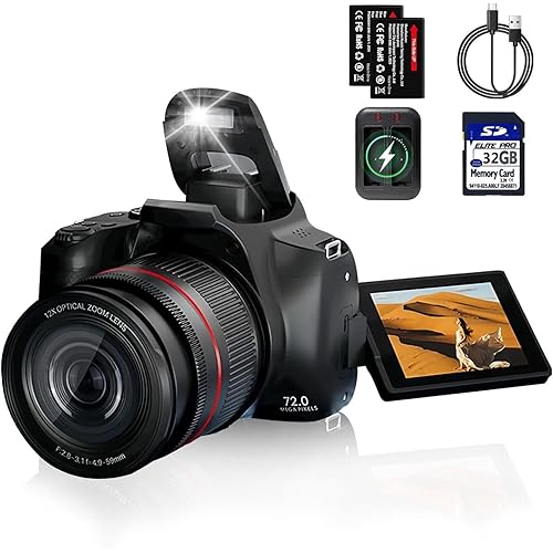 4K Digital Cameras for Photography,Autofocus,12X Optical Zoom,with Flash,Anti-Shake,72MP Vlogging Camera with 270°Flip Screen,WiFi&HDMI Output Cameras,2 Batteries,32GB Card