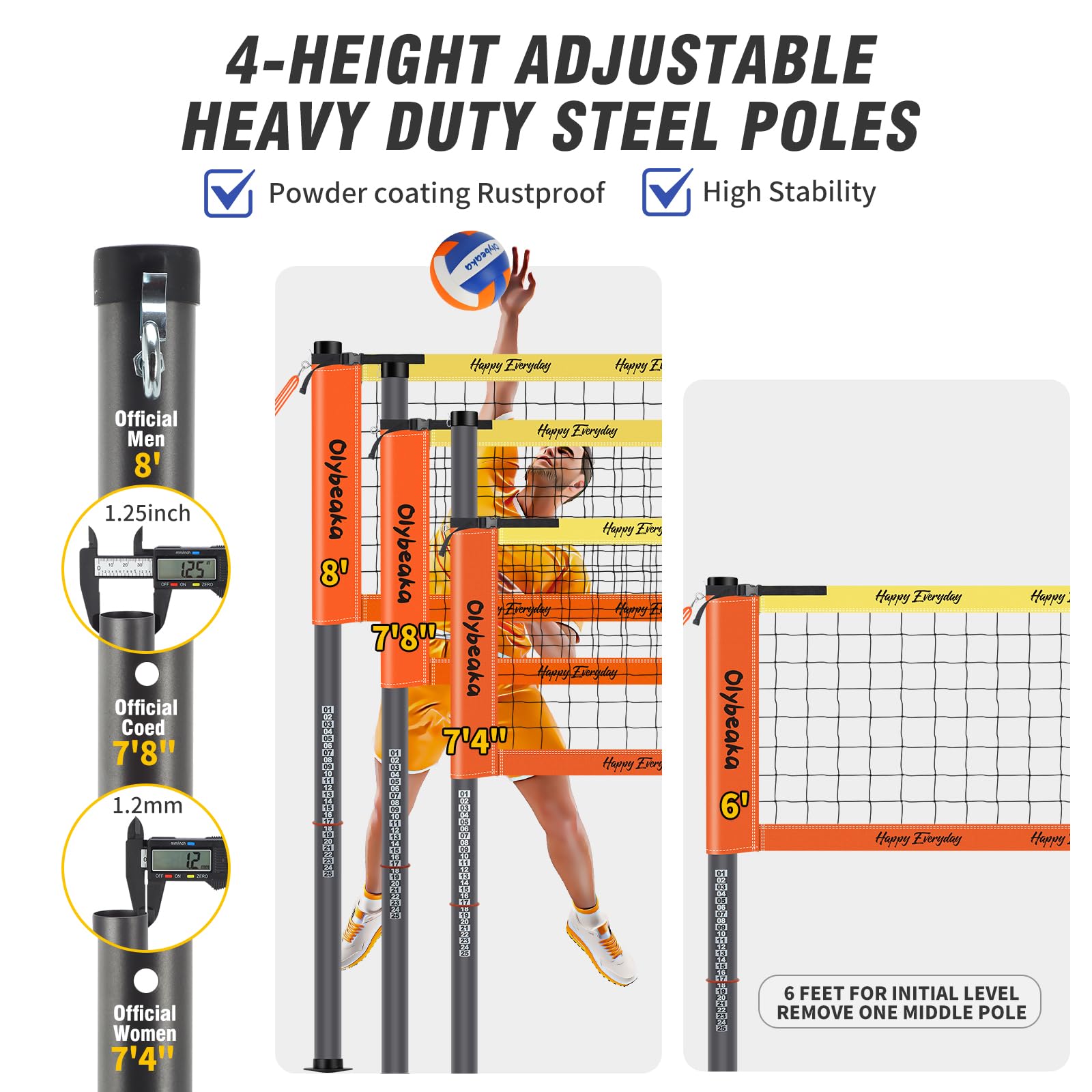 Tragbares Volleyballnetz-Set, 9,8 m, Gelb und Orange