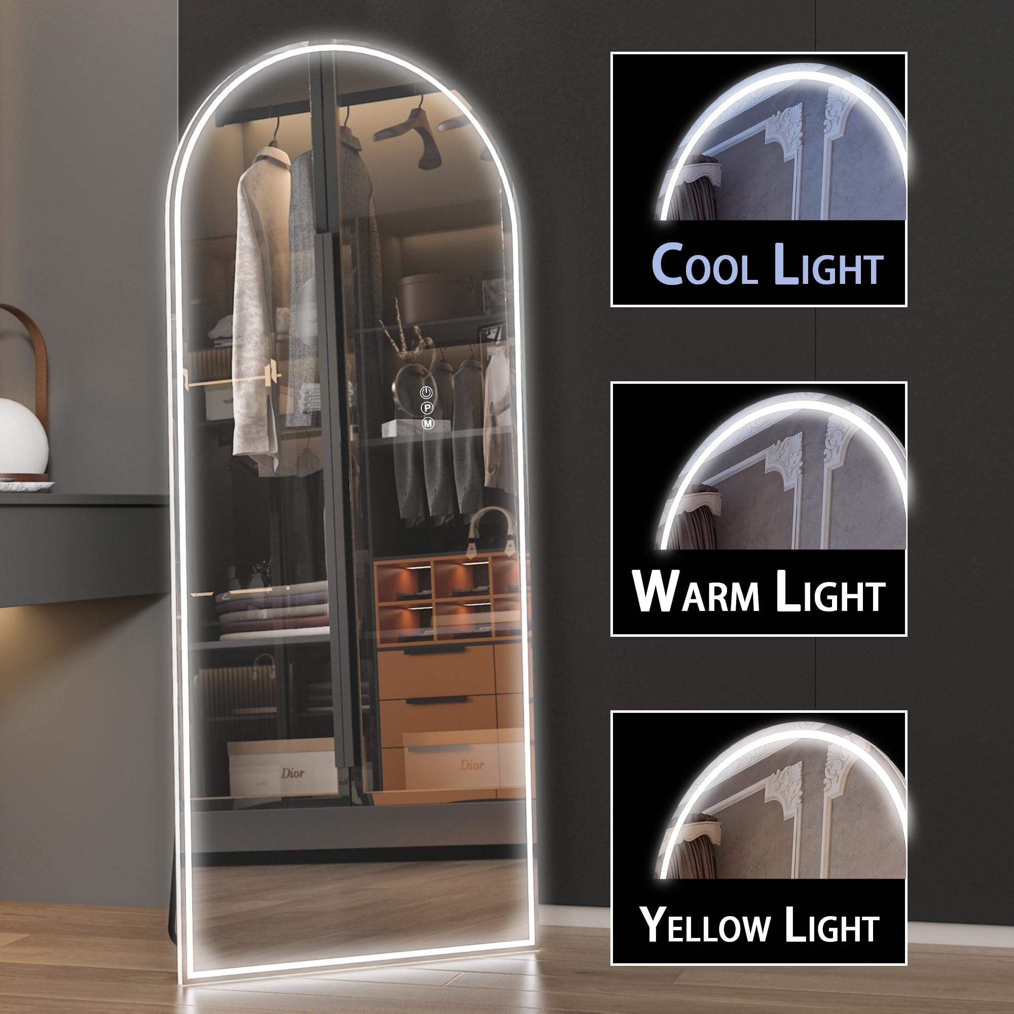 165x60 gewölbter Ganzkörperspiegel, LED Spiegel Ganzkörperspiegel mit Licht, Beleuchteter Bodenspiegel, Ankleidespiegel, Eitelkeitsspiegel für Schlafzimmer, Dimmen & 3 Farbmodi (weiß)