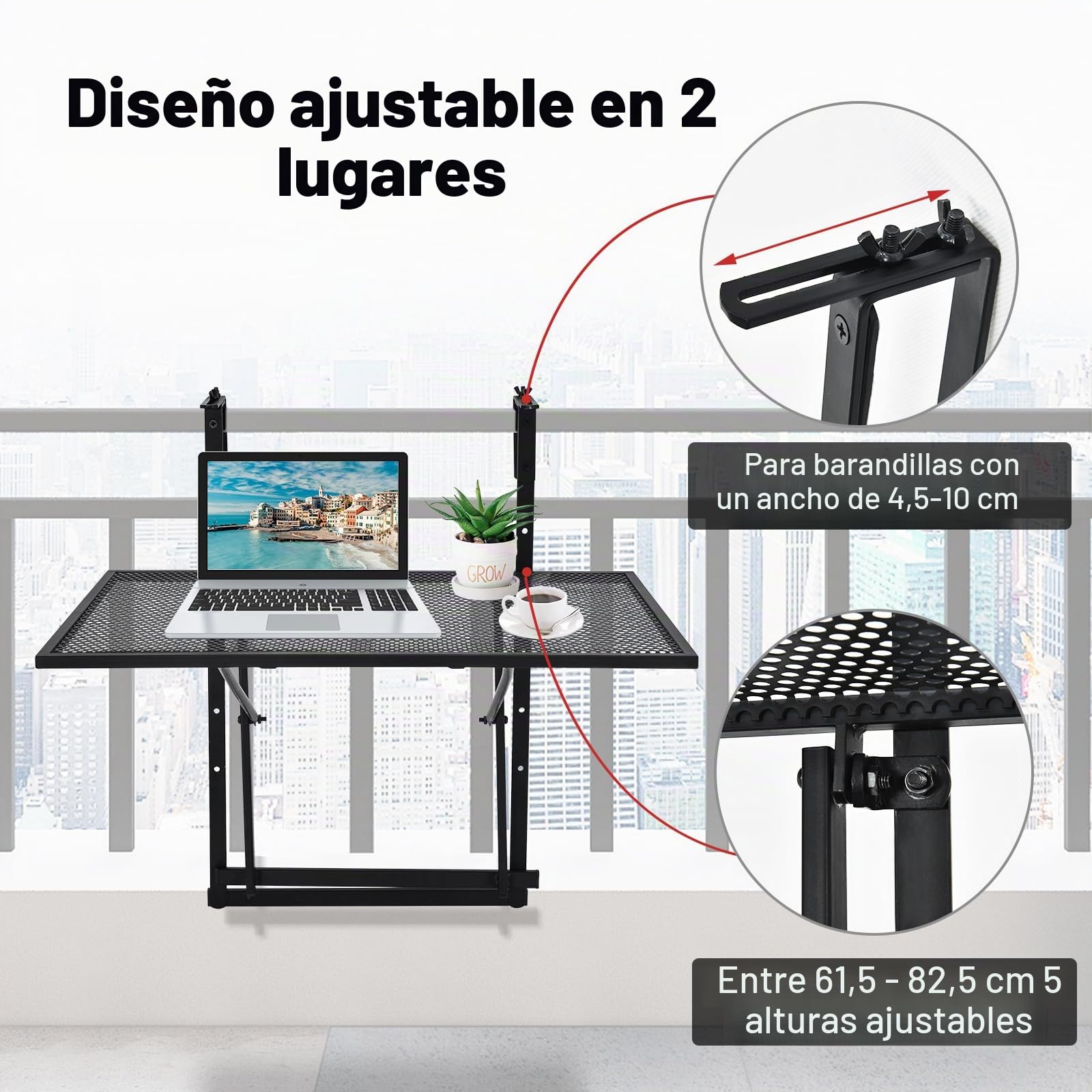 KOMFOTTEU Mesa de Balcón Colgante, Mesa Auxiliar Plegable de Metal con Carga 20/23 kg, Mesa de Pared para Exterior e Interior, 60,5 x 48 cm, Negro (Altura Ajustable)