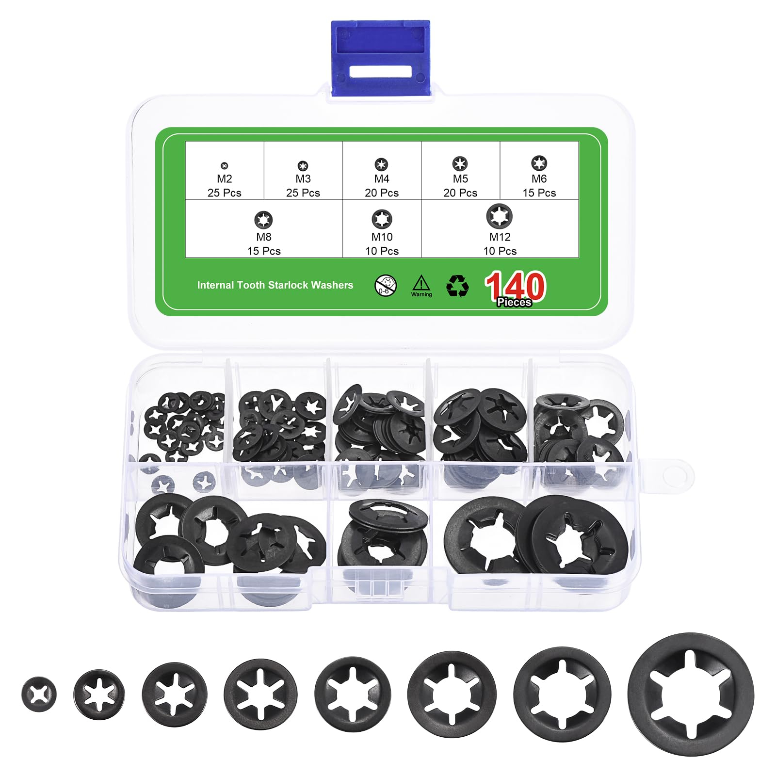 sourcing map140Pcs Internal Tooth Washers Assortment Kit, 65Mn Tooth locking Ring Washers Quick Speed Nut ing Fastener, 8 Size, Black