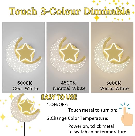 KZT LED Kinderwandlamp met stekker en schakelaar Touch Control Wandlampn Dimbaar Wandlamp voor binnen 12W Ster en Maan Kinderlamp voor Slaapkamer Jongen Meisje babykamer kinderkamer Wandverlichting photo 2