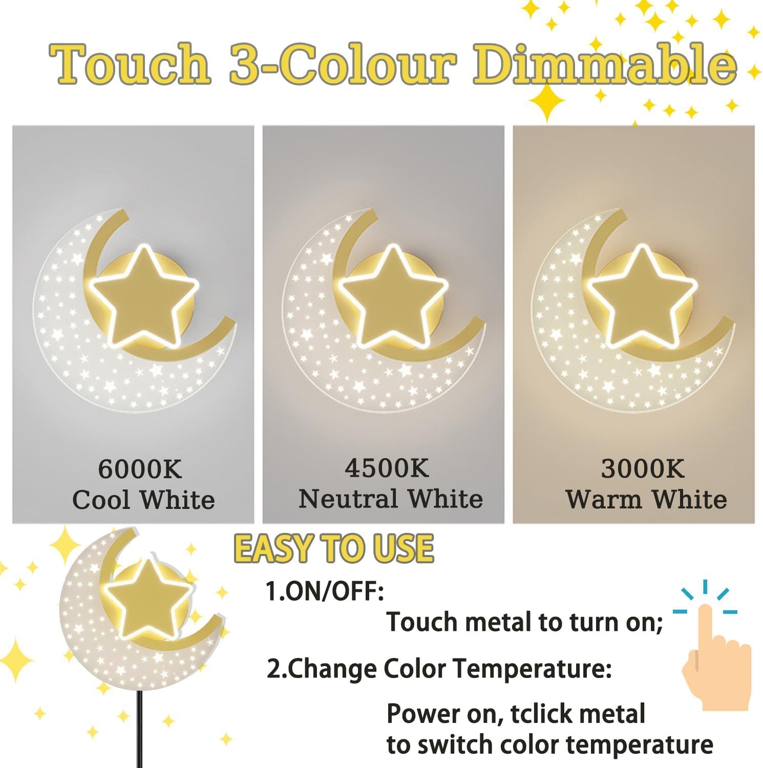 Lámpara de Pared LED con Interruptor Táctil Regulable Estrella Luna Aplique de Pared de Cabecera con Enchufe 12W Iluminación de Pared Interior para Dormitorio Niños y Niñas Estudiar Luz de Lectura