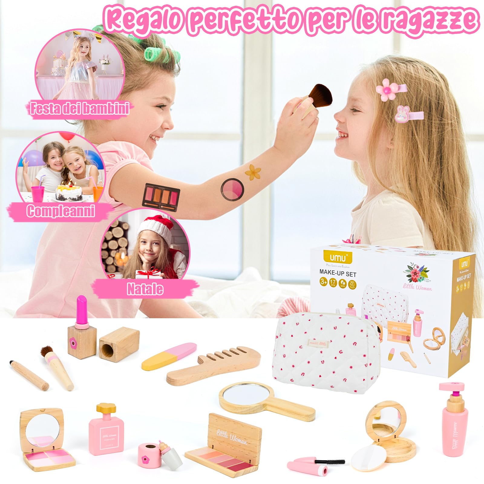 Joellfuner Set di trucchi per bambini, in legno, per bambini, in legno con fermagli per capelli e tatuaggi, gioco di ruolo, regalo di Natale per compleanno a partire dai 3 anni in su