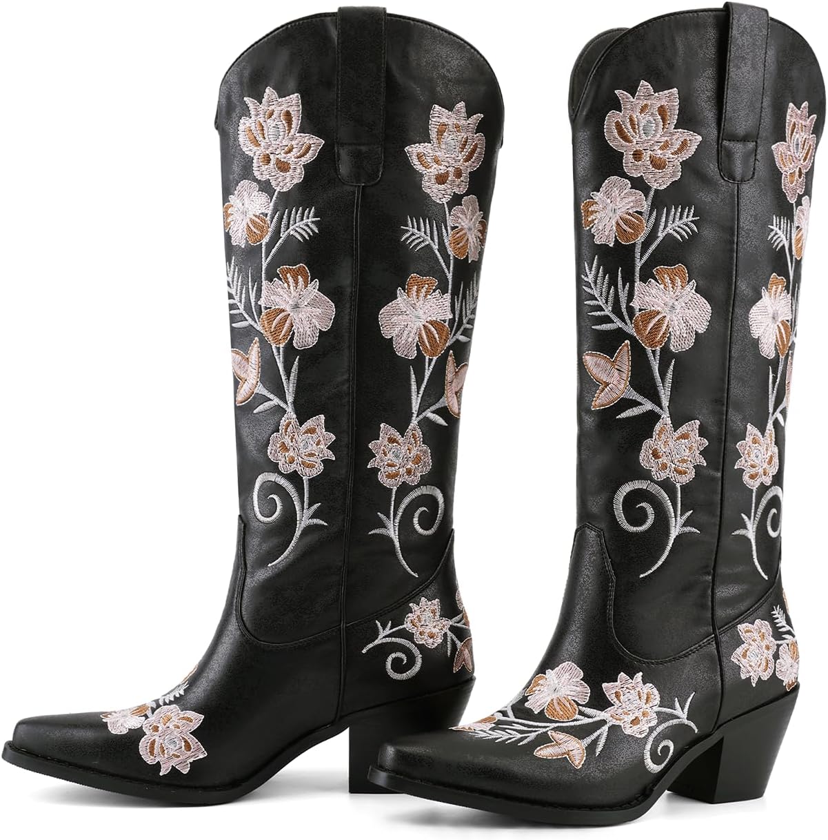 Cowboy Boots for Women Knee High Cowgirl Western Boots Pointed Toe Chunky Block Heel Retro Vintage Floral Embroidered Pull-On Tabs Tall Boot - Image 6