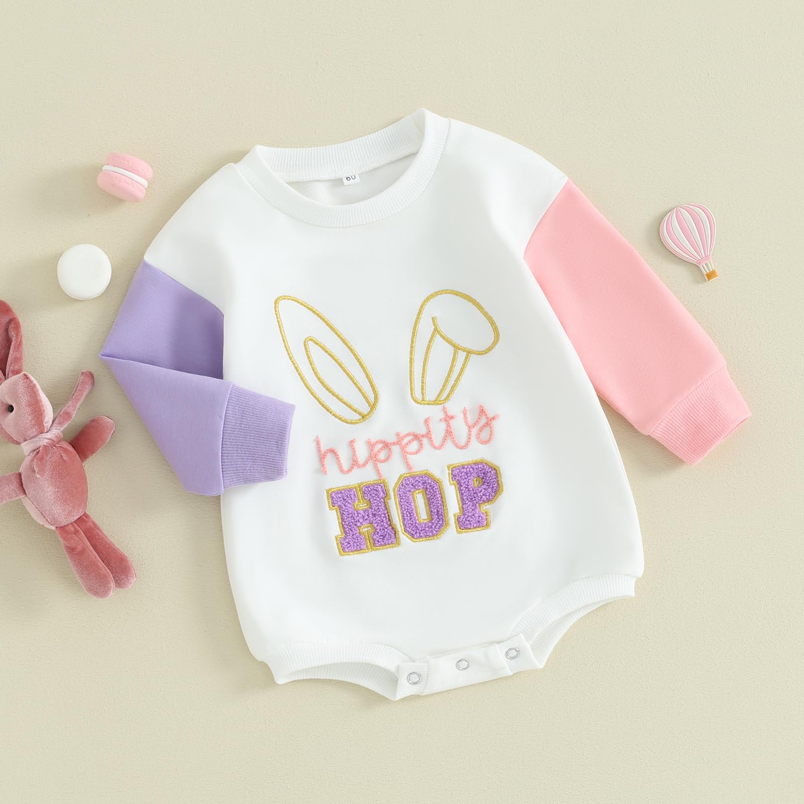 BULINGNA Cute Infant Baby Girl Easter Outfit Bunny Ear Letters Embroidery Contrast Color Romper Bodysuit Fall Winter Clothes (White, 3-6 Months)