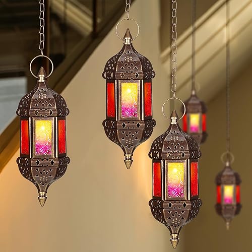 Miniatura 4 de Retisee 6 faroles marroquíes colgantes hexagonales decorativos marroquíes, portavelas colgantes para interiores y exteriores, para patio, bodas,