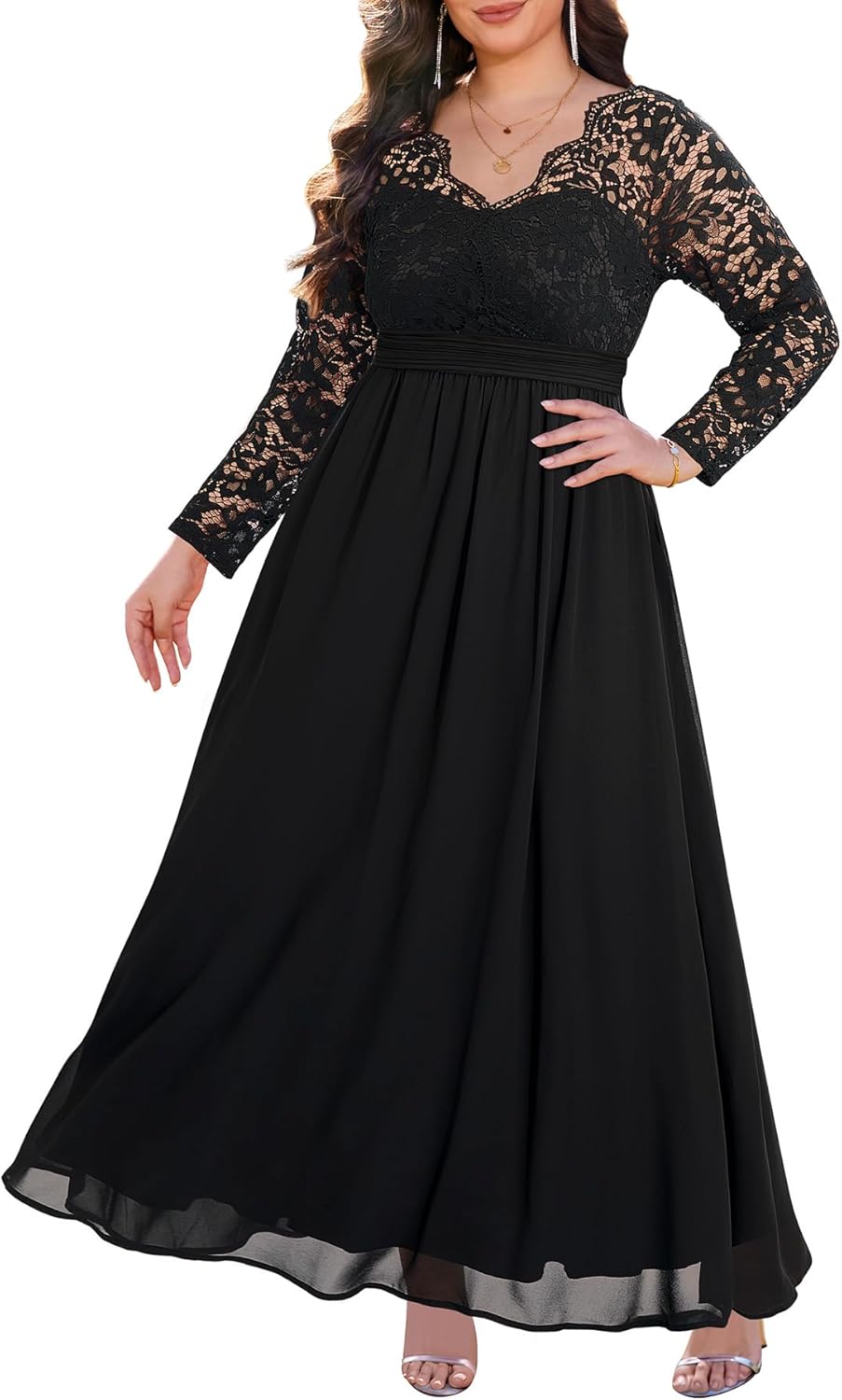 Plus Size Formal Wedding Dresses - Gowns Evening Prom Elegant V Neck Long Sleeve Lace Chiffon Long Maxi Dress