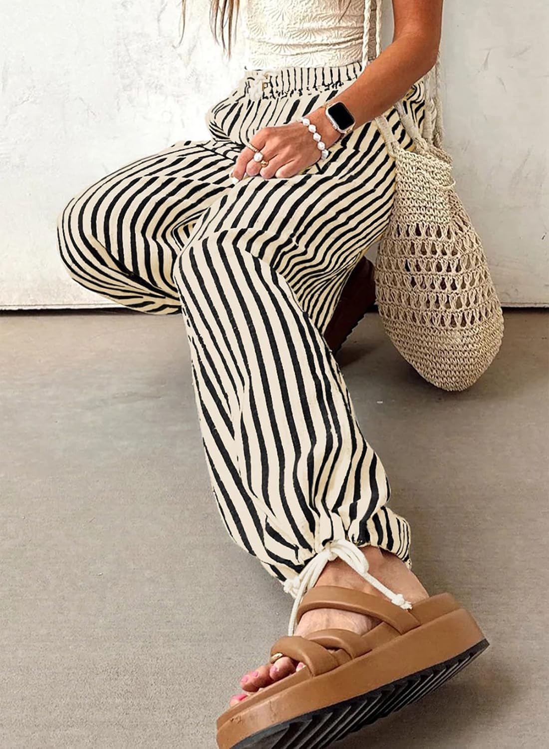 Acelitt Women Drawstring Elastic Waist Striped Pants with Pockets, S-XXL - Image 3