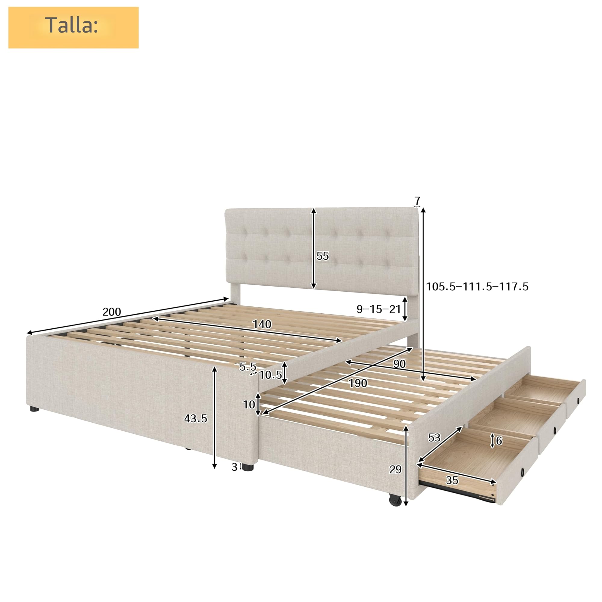 Cama Tapizada Doble 140 x 200 cm con Tres Cajones, Extensible y Cabecero Ajustable