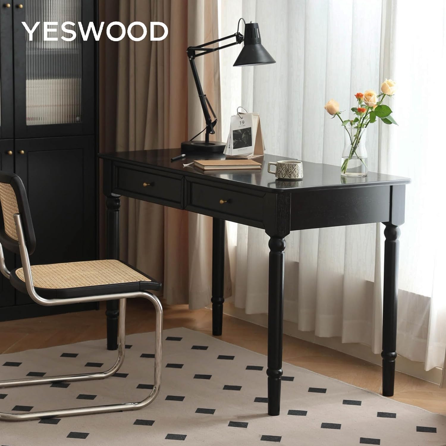 YESWOOD Solid Wood Desk with Double Drawers, Rubber Vintage Desk, Black Computer Desk with Carved Legs for Home Office Writing 47.2"