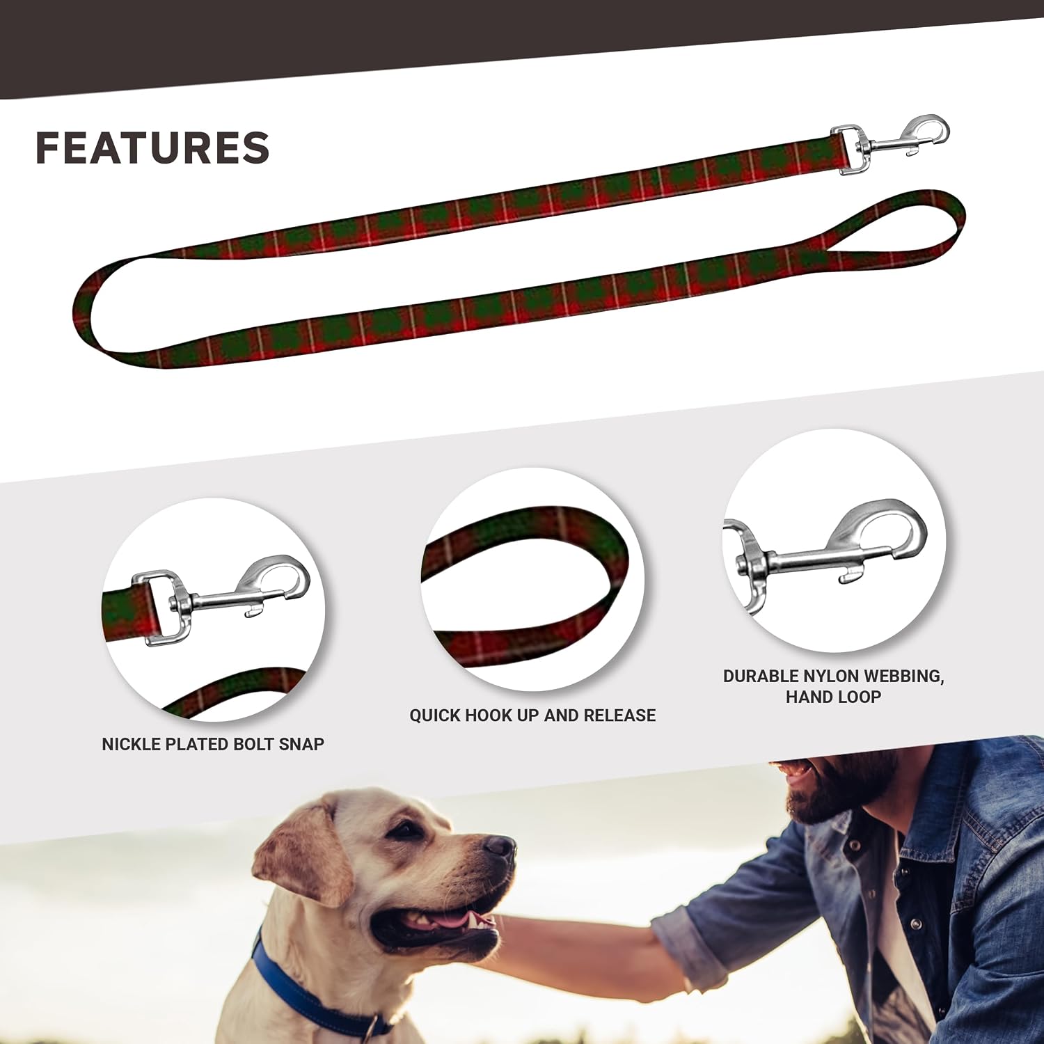 Deluxe Dog Leash - Patterned Heavy Duty Pet Leashes, Made in the USA - 1 Inch x 6 Feet, Red Tartan