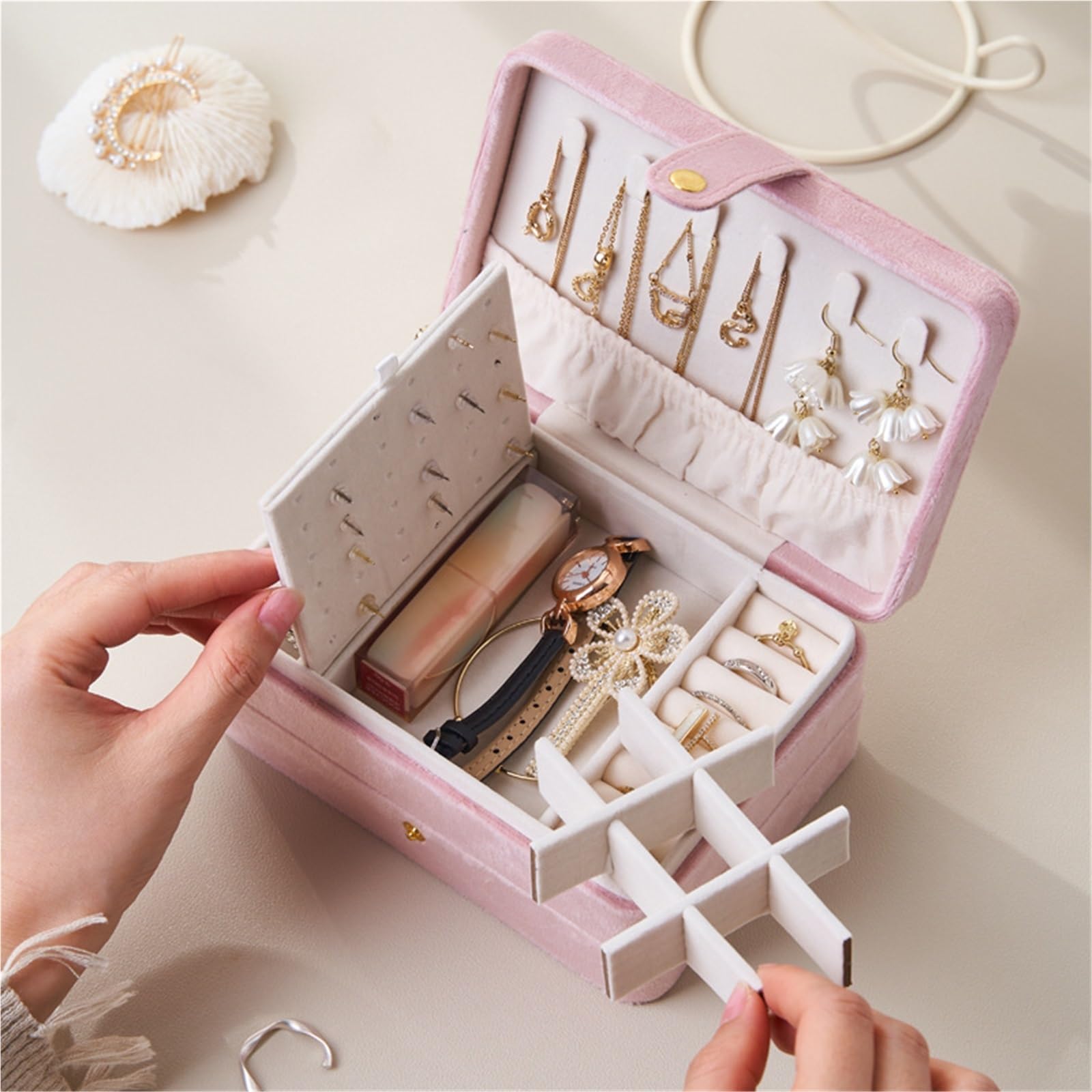 Organizador de viaje de terciopelo con botón de poliuretano, estuche de almacenamiento de gran capacidad para aretes y anillos (color 3)