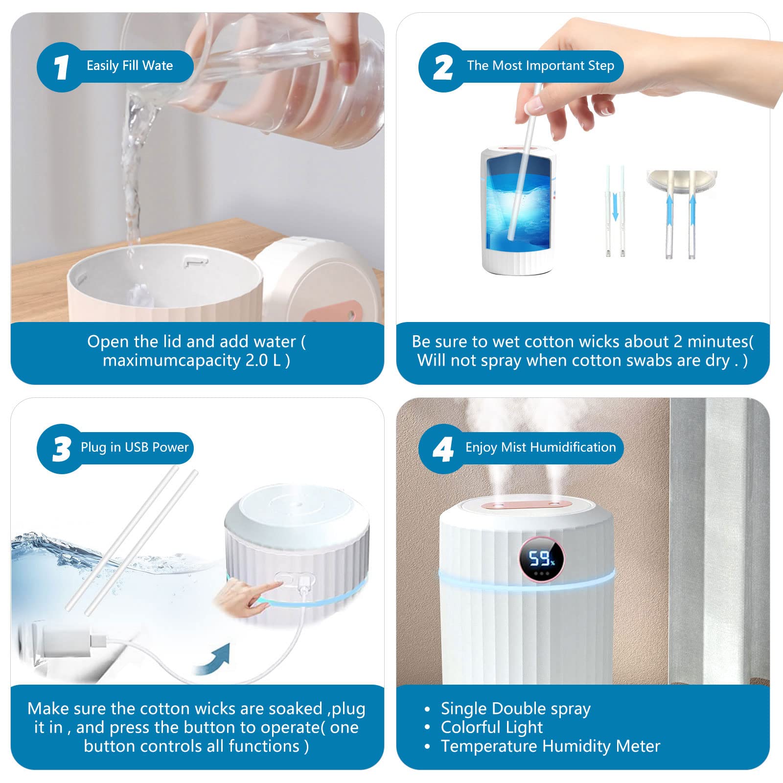 Humidificateur Top-Fill, 2L Humidificateur Ultrasonique Silencieux avec Thermo-Hygromètre Duple Buse 36 Heures Temps de Fonctionnement Arrêt Automatique 7 Types de Lumières pour Maison Chambre