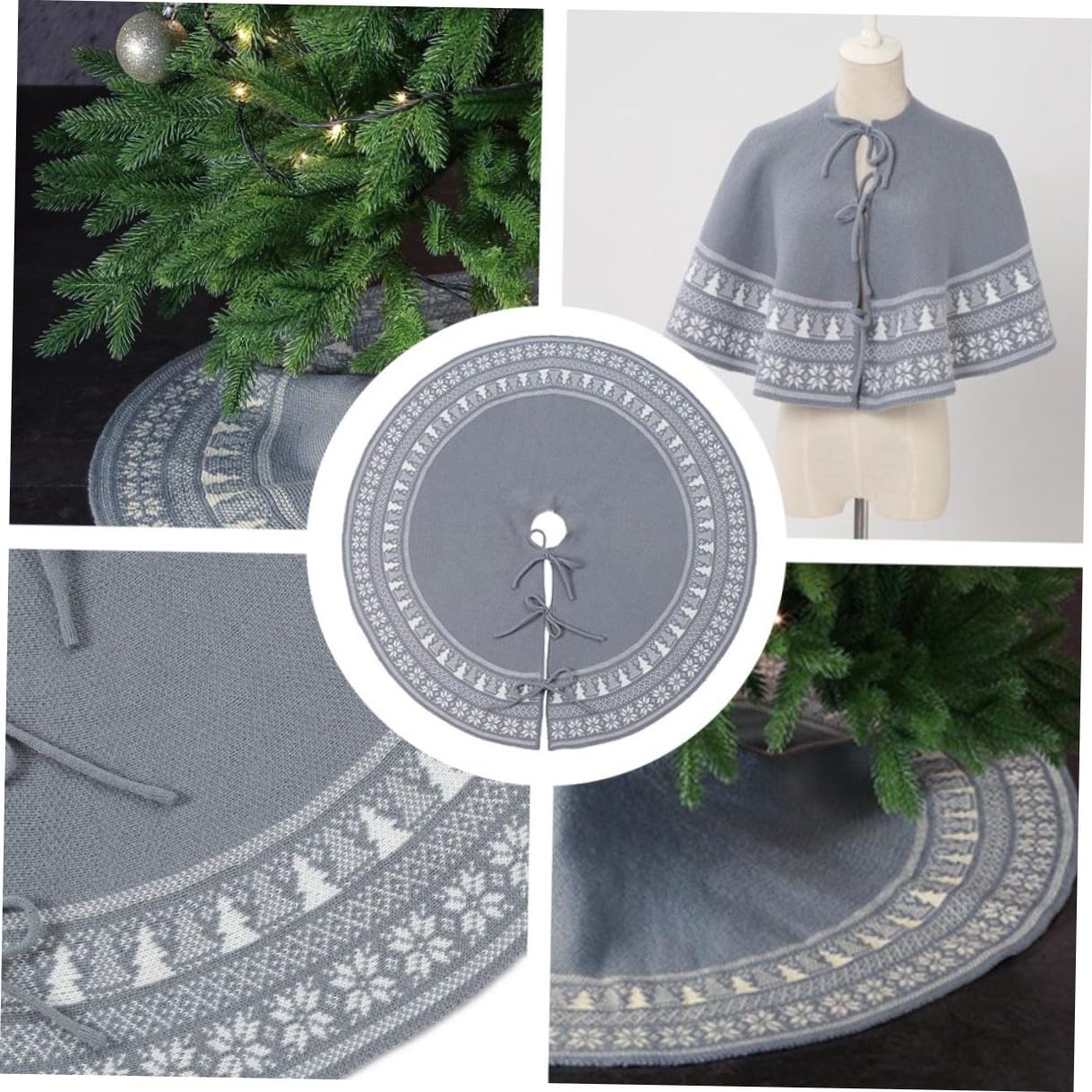 Weihnachtsbaumschürze Gestrickt mit Schneeflocken und Baum-Elementen Großer Radius als Baumrock oder Teppich für Weihnachtsdekoration