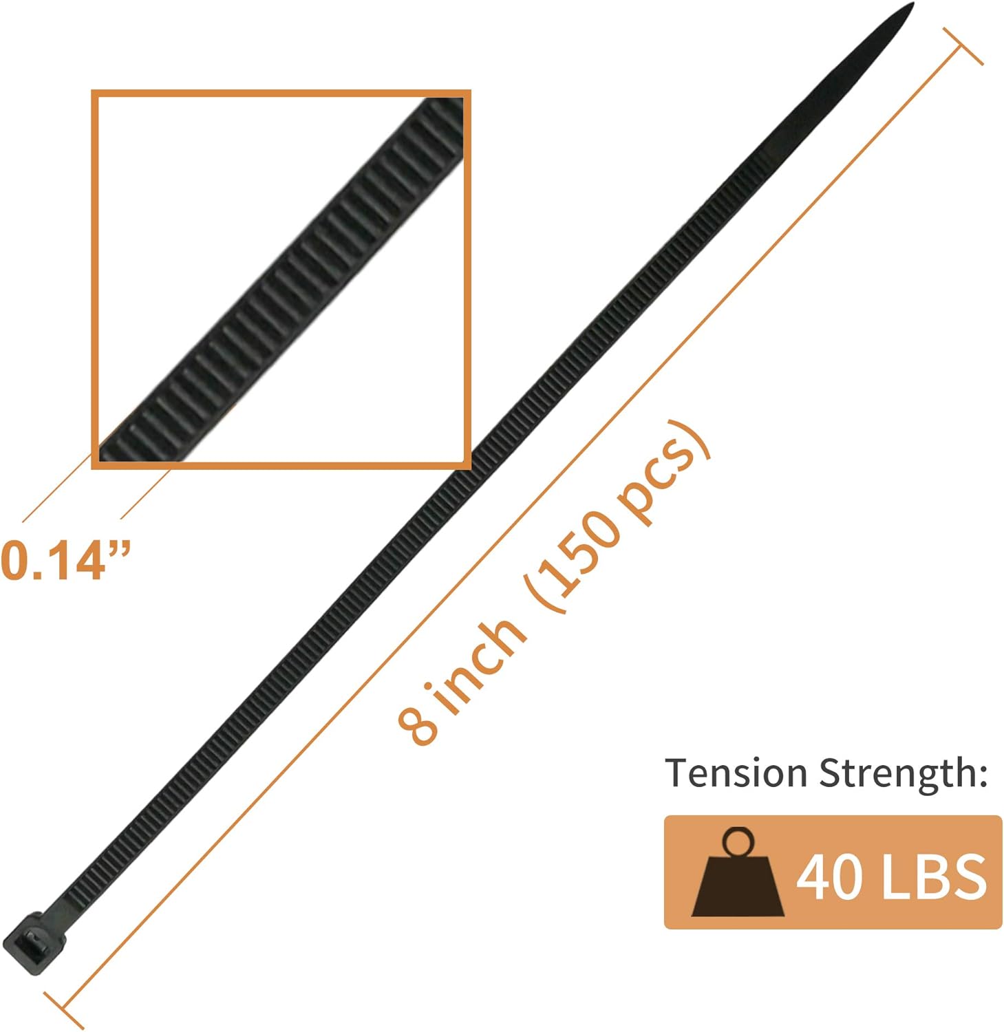 8" Cable Zip Ties (150 Pack), 8 Inch UV Black Nylon Cable Ties 50 LB Tension Strength for Organization & Wire Management (50 Ponds, 150 Pcs)