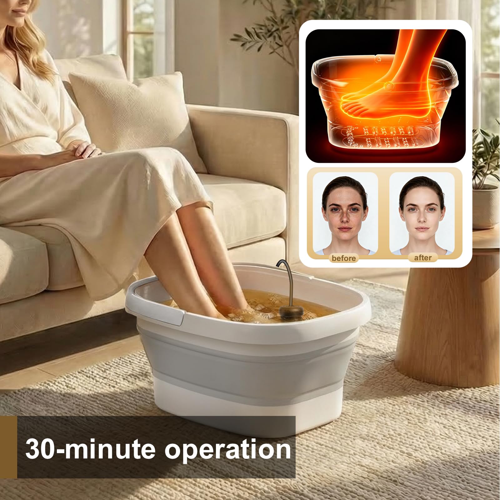 Ionic Foot Bath Detox Machine, Foot Detox Foot Bath Moak Tub z 2 tablicami, 80 jednorazowych wkładek do spa dla stóp, sól morska Detox, składane wiadro do spa stóp, wanna do namaczania stóp na