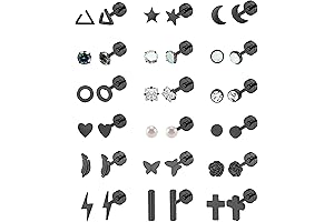 18 Pairs Stud Earrings Black Stainless Steel Set