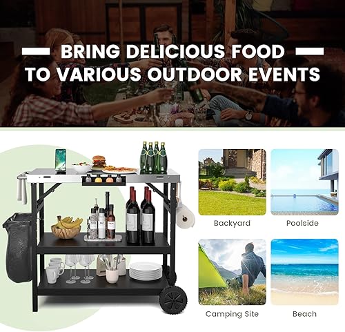 Miniatura 8 de GOFLAME Carrito de comedor para parrilla al aire libre de 3 estantes, mesa de carrito de preparación de alimentos movible con estante ajustable,