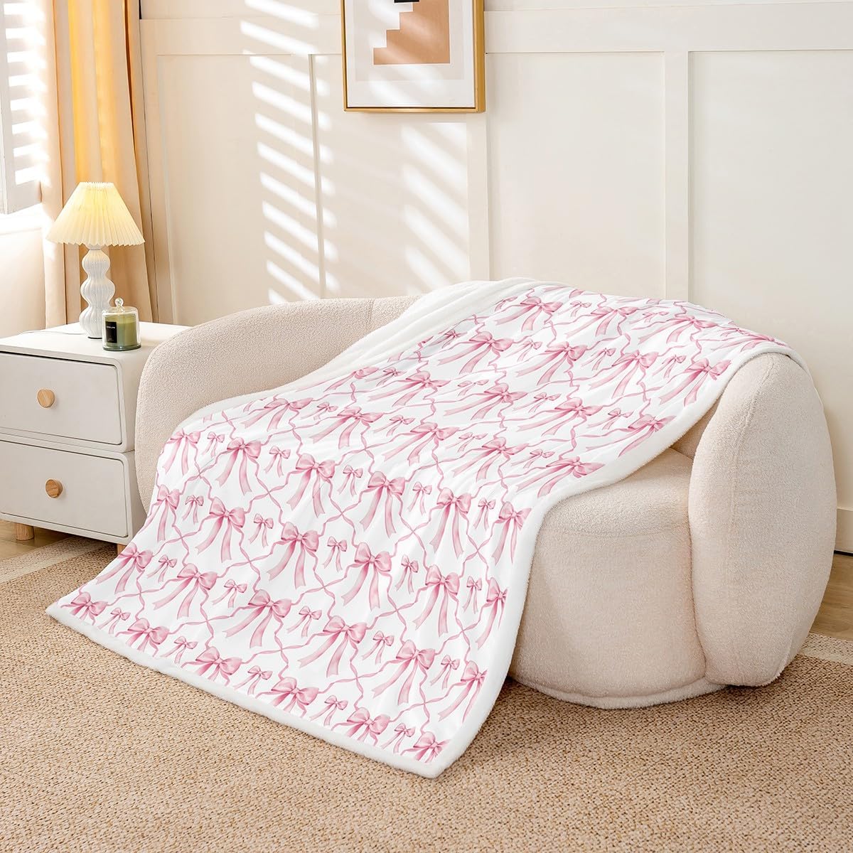Erosebridal Cute Bow Throw Blanket for Kids Bed Pink Kawaii Bowknot Girls Queen 90"X90" Fleece Blanket Watercolor Bow Tie Patchwork Pink White Sherpa Blanket Geometric Check Bow Fuzzy Blanket