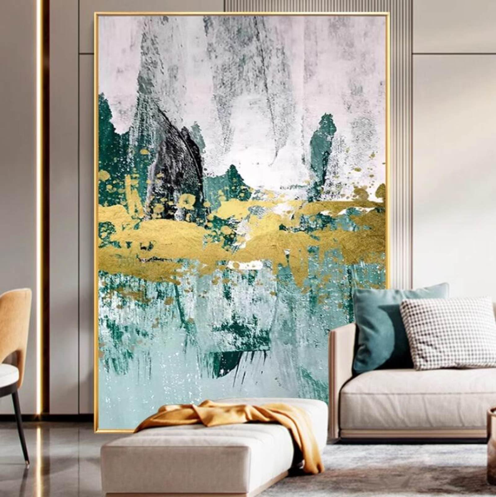 Peinture à l'huile abstraite faite main feuille d'or poésie murale verte