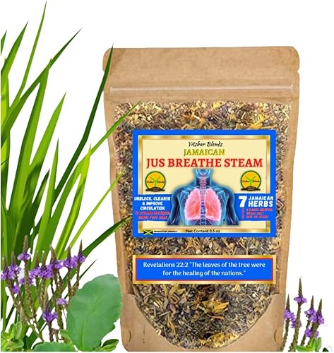 Jus Breathe - Vapor de hierbas con sal de mentol Epsom aceites mezclados y 7 hierbas jamaiquinas para relajar los músculos de la garganta aflojar el