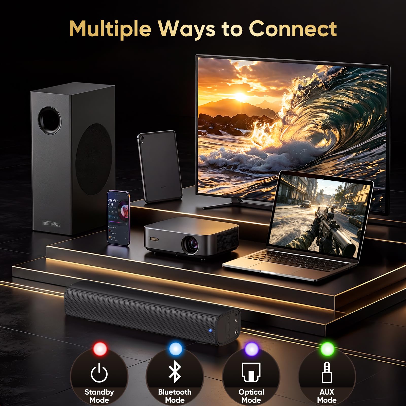 Barra de sonido de 70 W con subwoofer para TV, barra de sonido compacta de 14.2 pulgadas de 2.1 canales con graves profundos, Bluetooth 5.3, óptico/AUX, sistema de altavoces de cine en casa