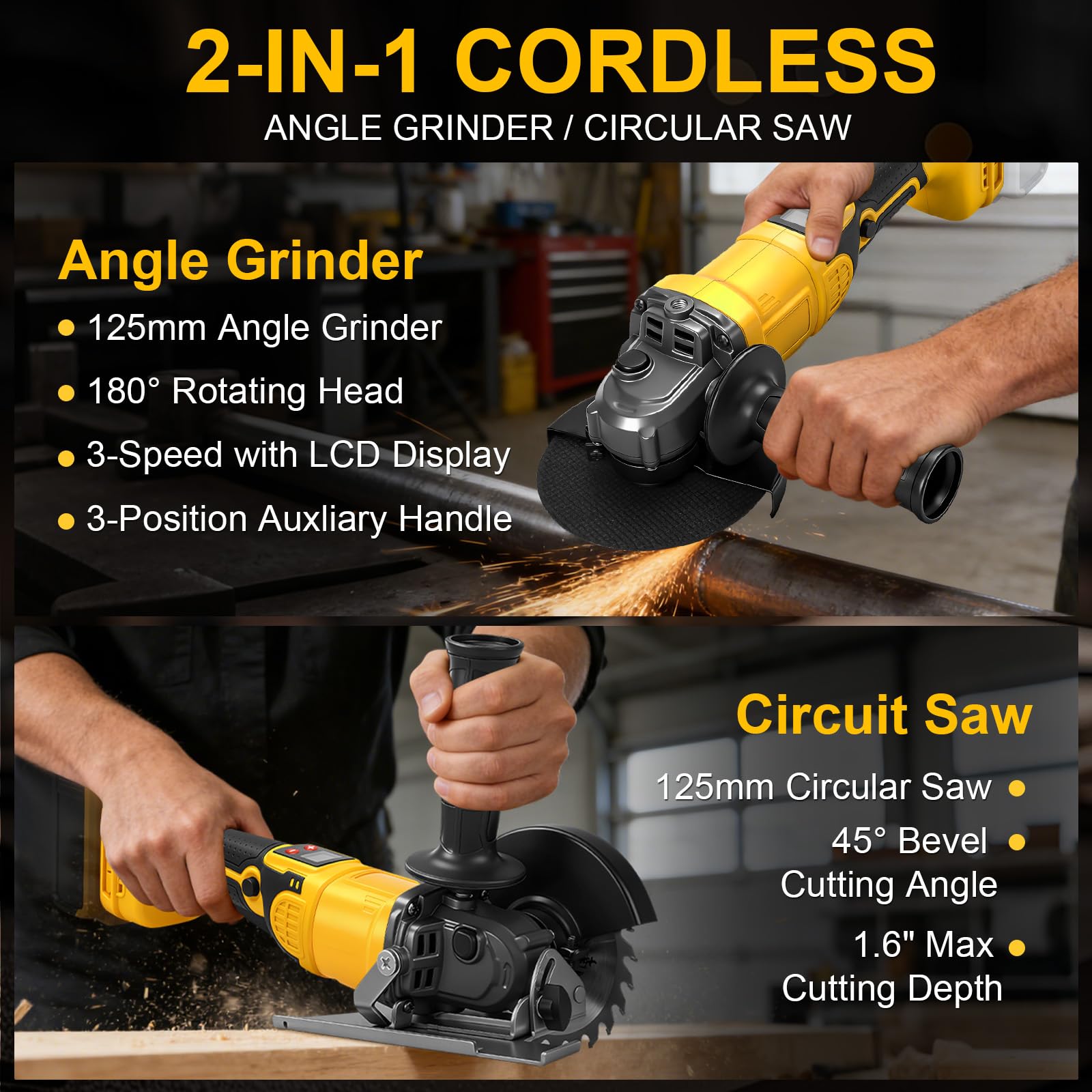 Amoladora angular inalámbrica 2 en 1 de 125 mm y sierra circular para Dewalt 20 V máximo (sin batería), rotación de 180° e inclinación de 45°, 3 velocidades 9300 rpm, sin escobillas con pantalla LED