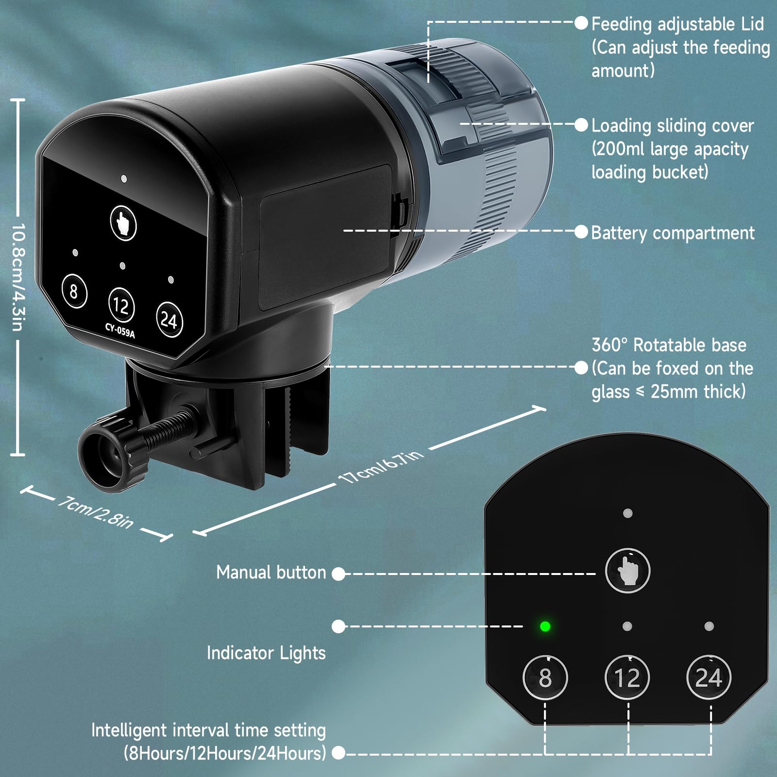 URAQT Automatico Distributore Cibo Pesci a Batteria, Mangiatoia Automatica Acquario, 200ML Mangiatoia Pesci, Con indicatore LED, con 2 batterie AAA e Anello per Alimentatore Pescis, Nero