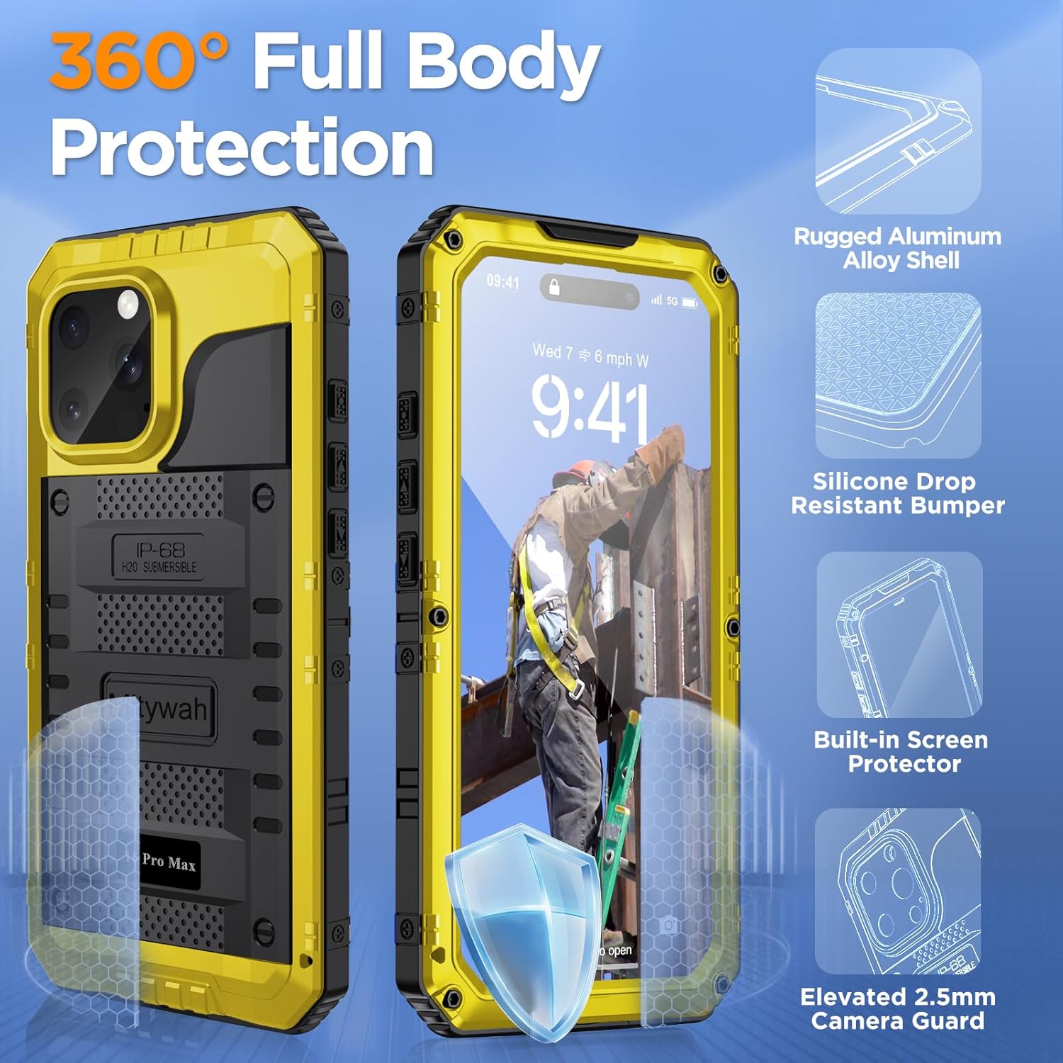 Mitywah Waterproof Case for iPhone 16 Pro Max, Rugged Heavy Duty Case with Built-in Screen Protector, Shockproof Full Body Protective Metal Case 6.9 inch, Yellow - Image 4