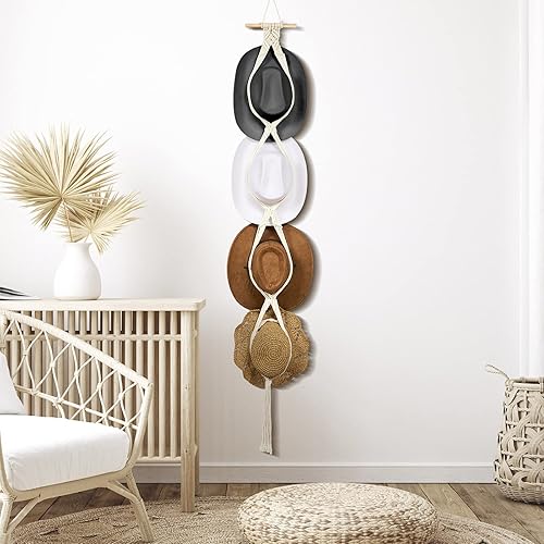 Miniatura 5 de Yulejo Perchas de macramé para sombreros, estilo bohemio, para sombreros de vaquero, colgador para la parte trasera de la puerta, organizador de