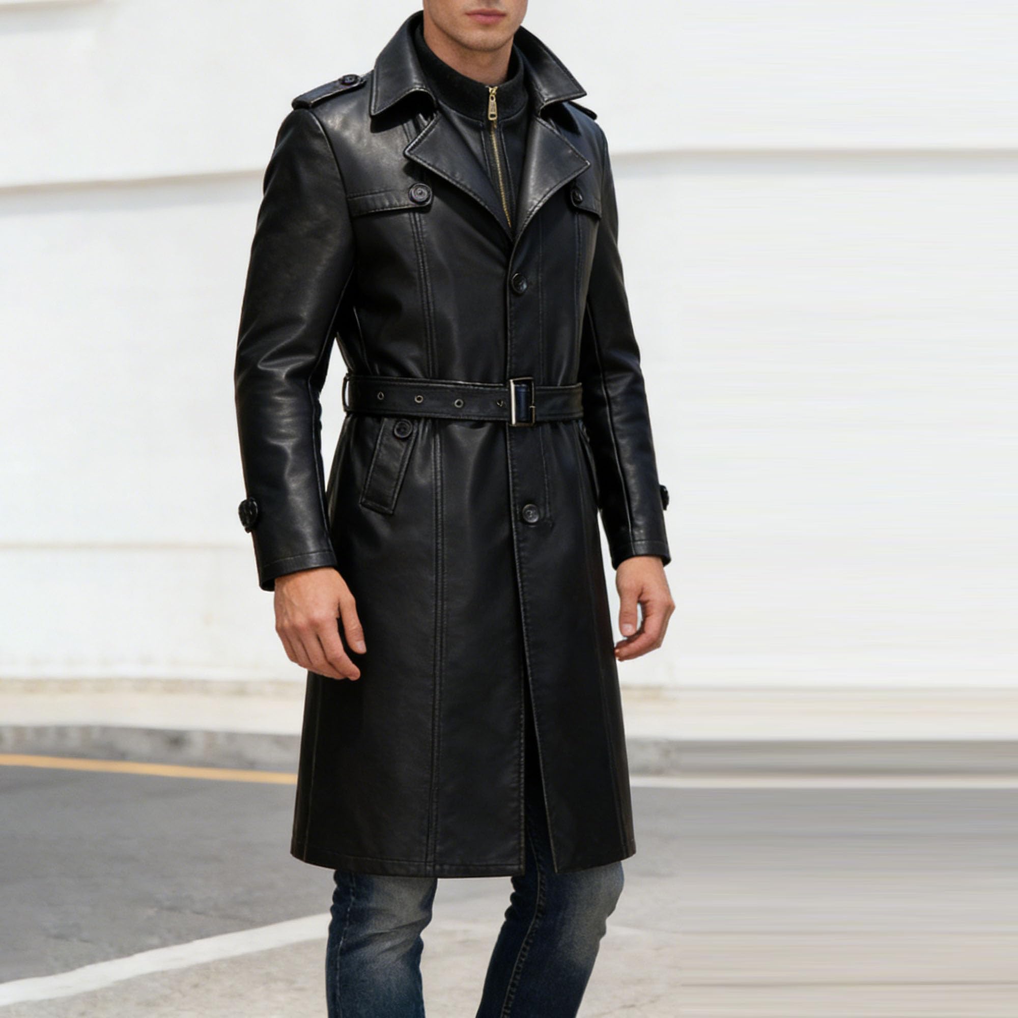 Trench long en similicuir pour homme avec double col moderne