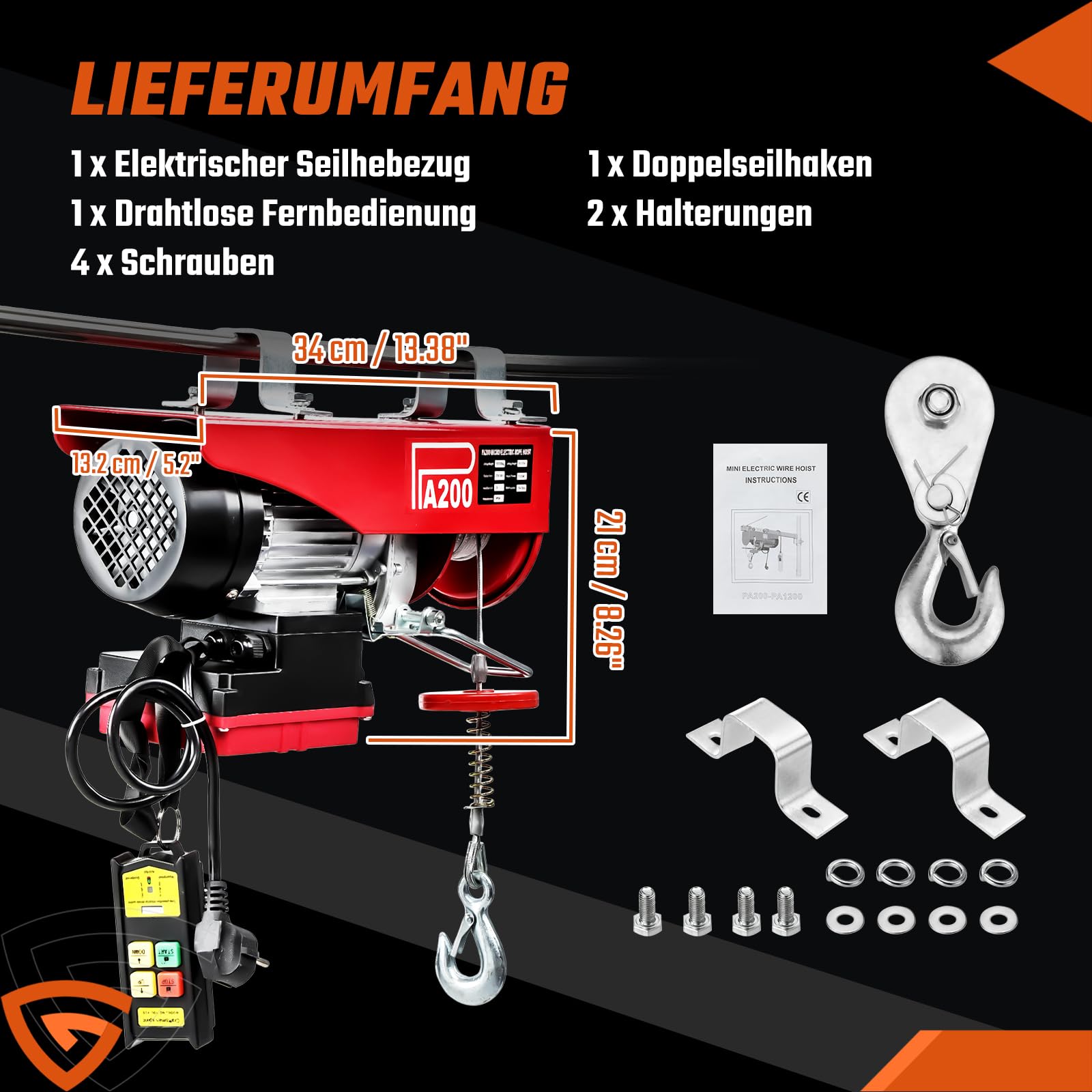 Seilwinde Elektrisch 230v 100/200 kg Tragkraft 12m Hubhöhe Stahlseil inkl.10m/min Hubgeschwindigkeit mit kabelloser Fernbedienung(100m) MOBILE Seilzug elektrisch Seilhebezug Hebezug