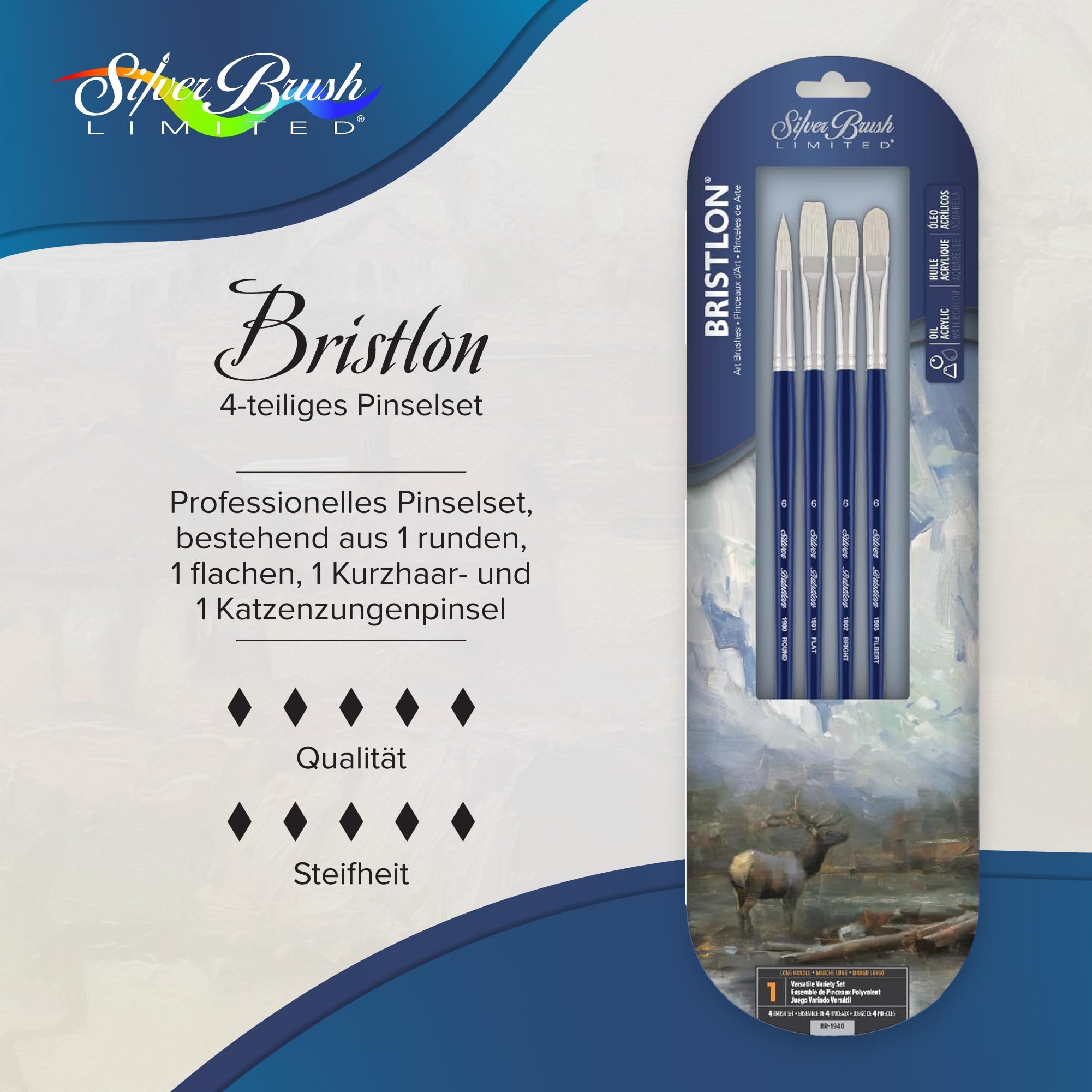 Silver Brush Limited Bristlon Kunst Pinselset, Pinsel Acrylfarbe und Ölfarbe, Langer Griff, 4er Set Pinsel