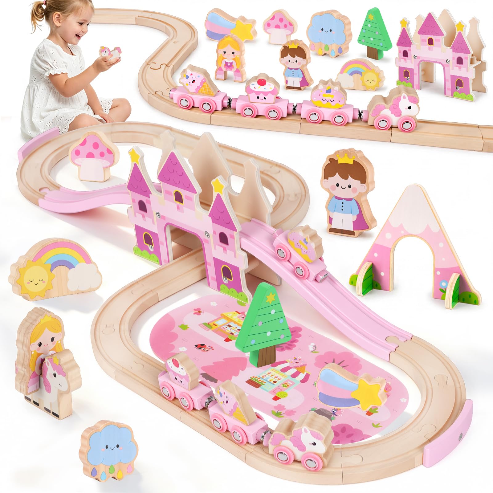Unicorn Gifts for 3 4 5 6 Year Old Girls, Wooden Train Set Toddler Toys for 3 4 5 6 Year Old Girls Gifts Toys Age 3 4 5 6 Birthday Gifts for Girls Age 3-6 Unicorn Toys