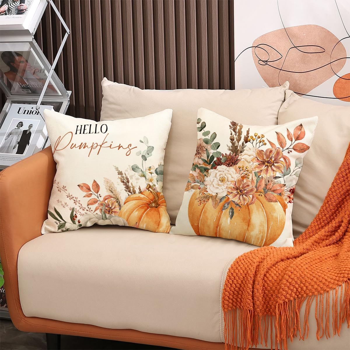 AACORS Set 4 Federe Per Cuscini Autunnali 45x45 Cm Con Zucche E Scritte Home Sweet Home - AA275-18